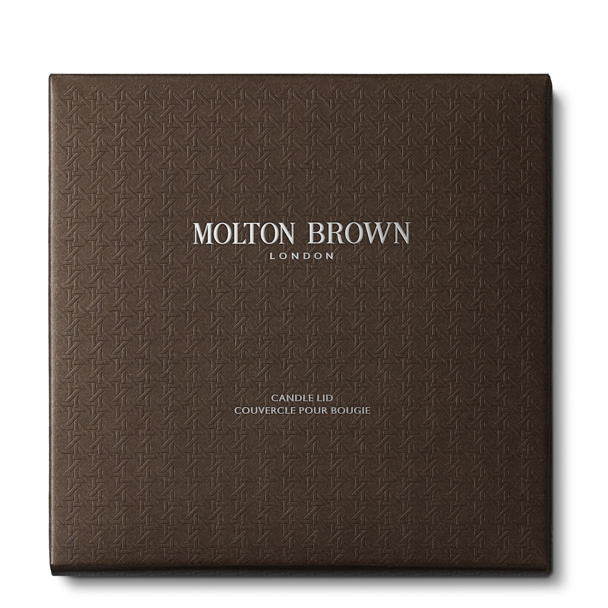 A square box with a textured brown pattern showcases the brand MoltonBrown Cyprus in white letters. Below, it states "Luxury Candle Lid 154g," indicating its use with scented candles.