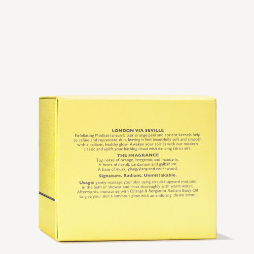 The square yellow box from MoltonBrown Cyprus features the Orange & Bergamot Radiant Body Polisher. This exfoliating body scrub is crafted with orange peel and exotic oils to refine your skin and impart a radiant glow. Its citrus fragrance includes hints of orange, bergamot, mandarin, and neroli.