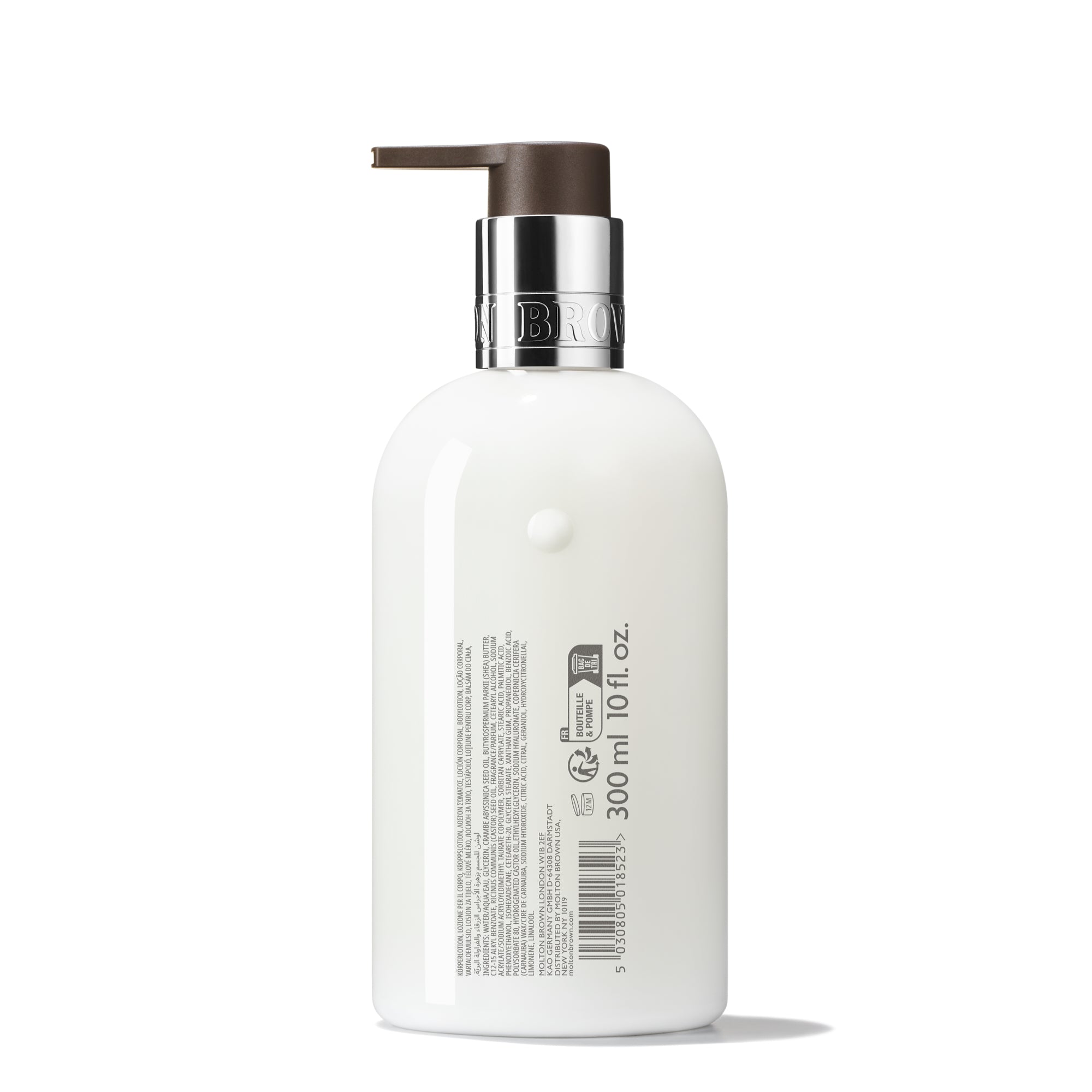 The 300 ml MoltonBrown Cyprus Bluebell & Wild Strawberry Body Lotion, in a sleek white bottle with a contrasting pump dispenser, showcases a modern design. Labeled with text and icons, it offers a floral-fruity scent reminiscent of springtime air.