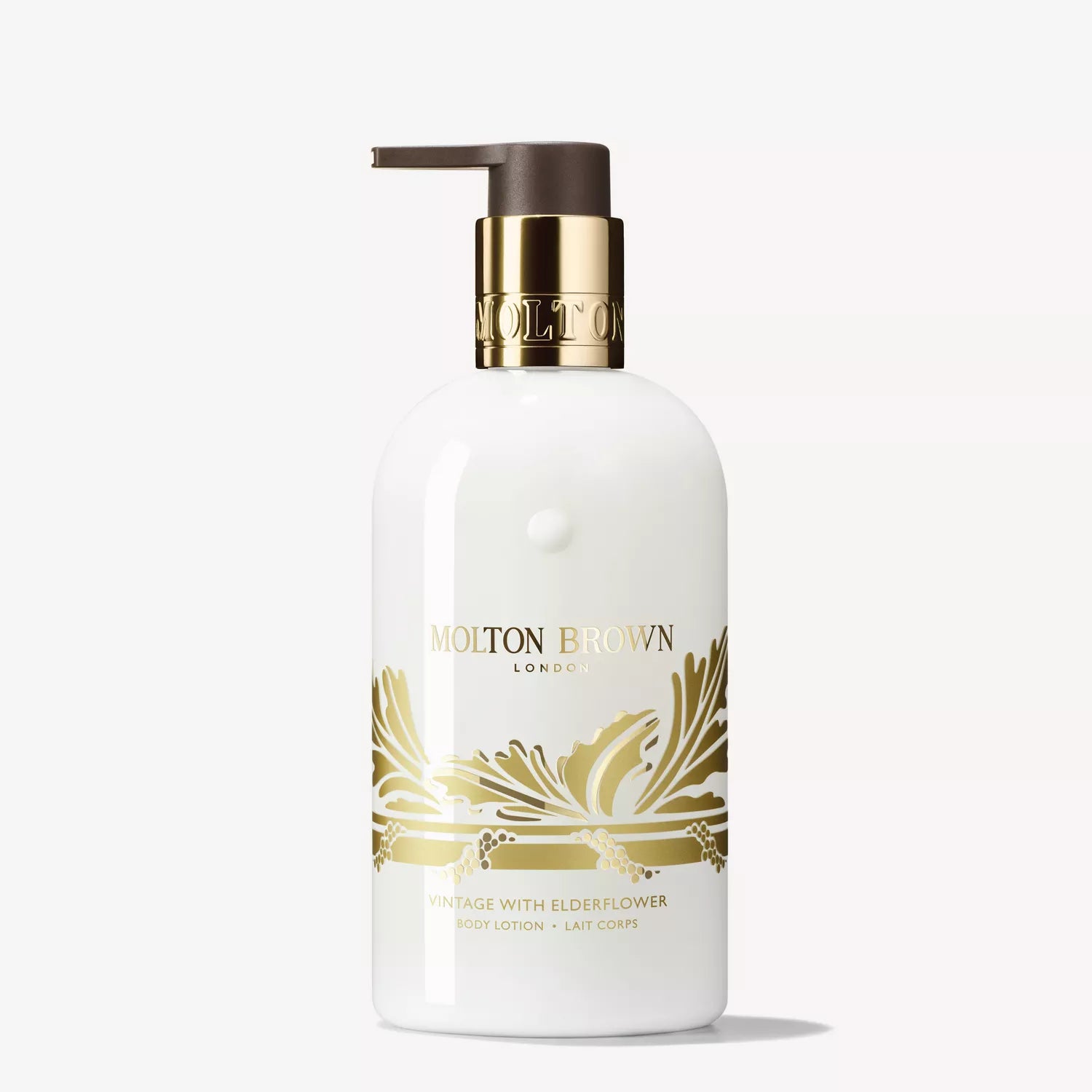 A white 300ml pump bottle of MoltonBrown Cyprus Vintage With Elderflower Body Lotion with gold floral design and labeled with the product name.