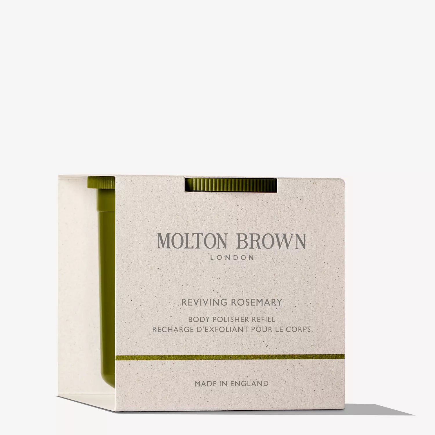 MoltonBrown Cyprus Reviving Rosemary Body Polisher Refill 250g features an herbaceous rosemary blend. Its olive green refill is seen in a beige minimalist box on a white background—ideal for rejuvenating your exfoliation ritual.