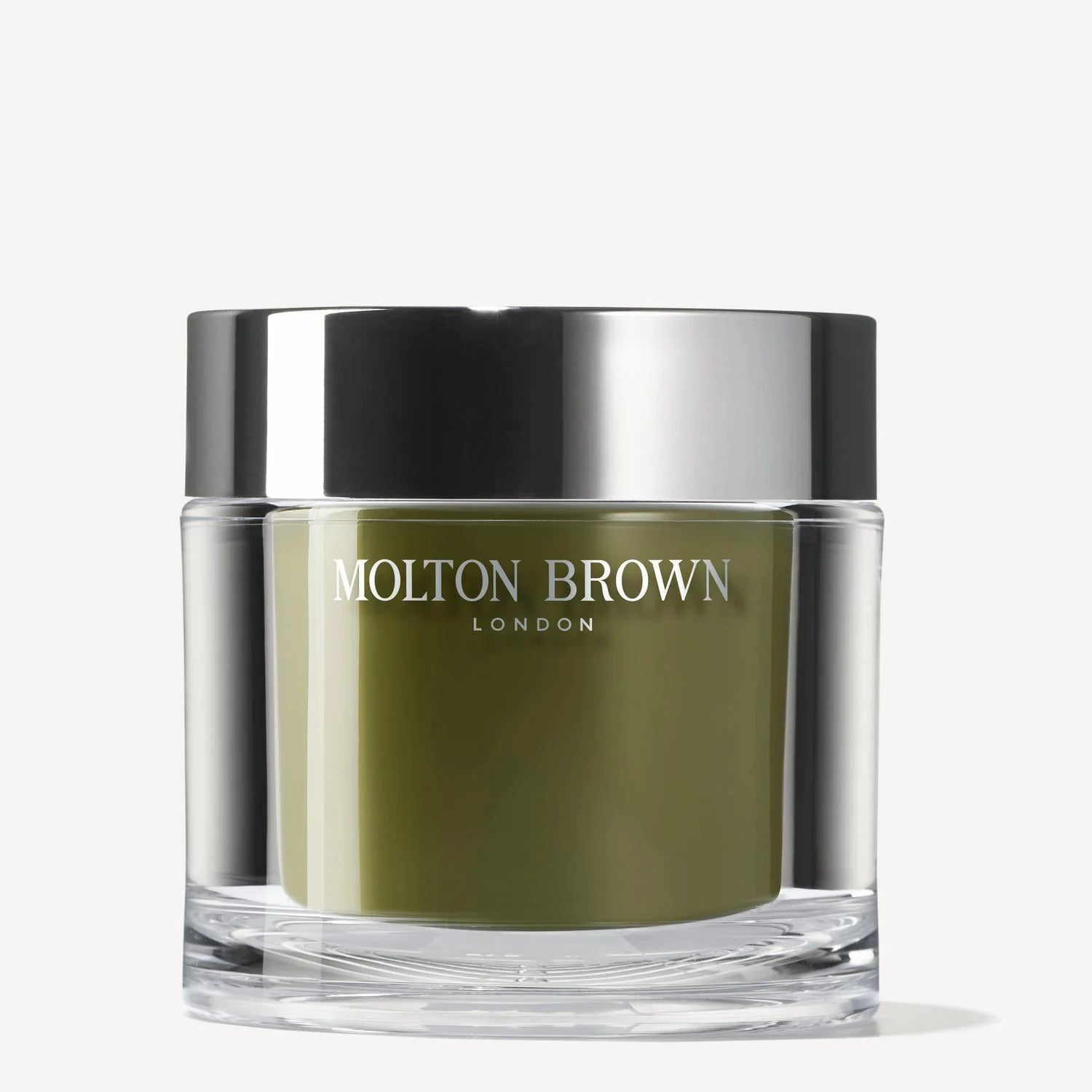 A clear and silver jar labeled MoltonBrown Cyprus, containing green Reviving Rosemary Refillable Body Polisher 250g, sits against a white background. This fresh-scented exfoliator helps reveal renewed, radiant skin.