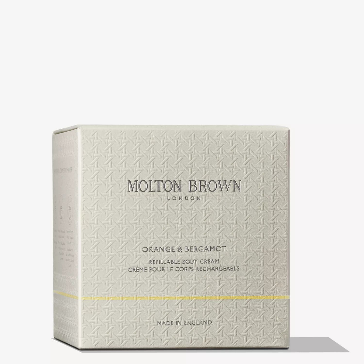 A grey box of MoltonBrown Cyprus Orange & Bergamot Refillable Body Cream 200g features subtle textured patterns, gold accents, hydrating citrus cream, and brand details on the front.