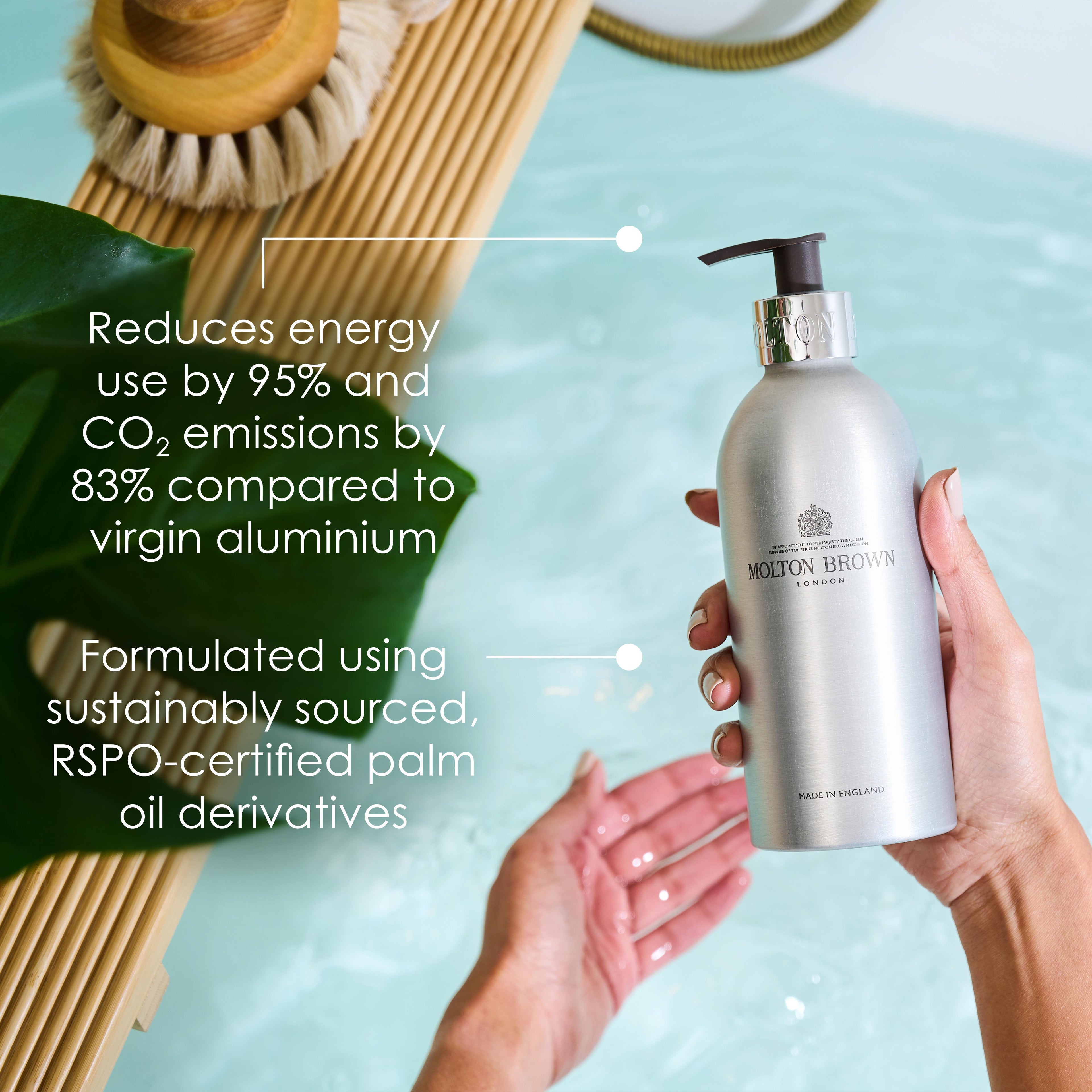 A hand holds a MoltonBrown Cyprus Coastal Cypress & Sea Fennel Infinite Bottle 400ml over a bathtub. Text on the image emphasizes its sustainably formulated Bath & Shower Gel, featuring RSPO-certified palm oil derivatives and an 83% reduction in energy use and emissions, all contributing to an eco-friendly bathing routine.