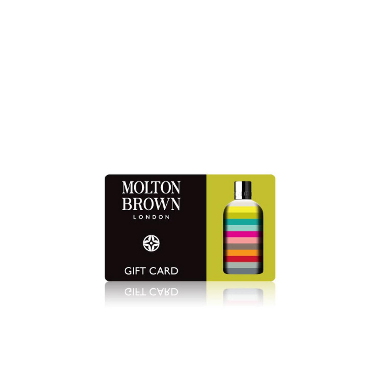 A MoltonBrown Cyprus gift card featuring a black and green design reads “Molton Brown London” on the left with a logo and displays a colorful striped bottle on the right. Redeemable online, its valid for 6 months, offering a perfect thoughtful gesture.