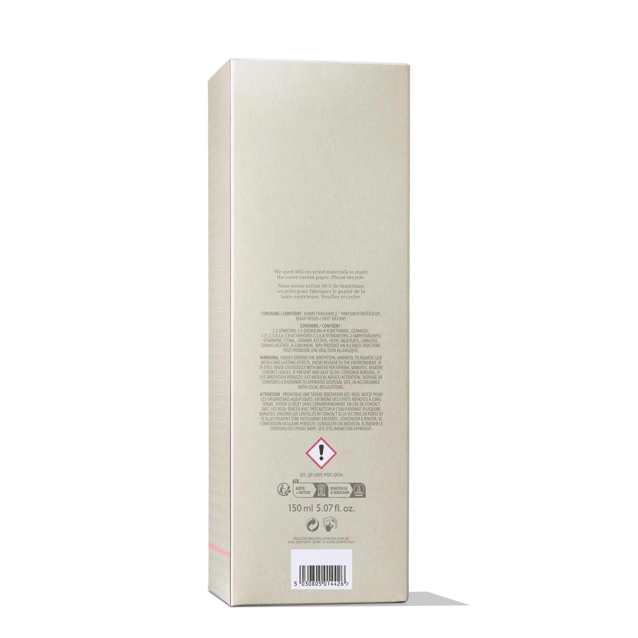 The image displays the back of a MoltonBrown Cyprus beige box for the Delicious Rhubarb & Rose Aroma Reeds, featuring detailed text, a hazard symbol, and hints of citrus notes. This home fragrance item has a volume of 150 ml (5.07 fl. oz.).