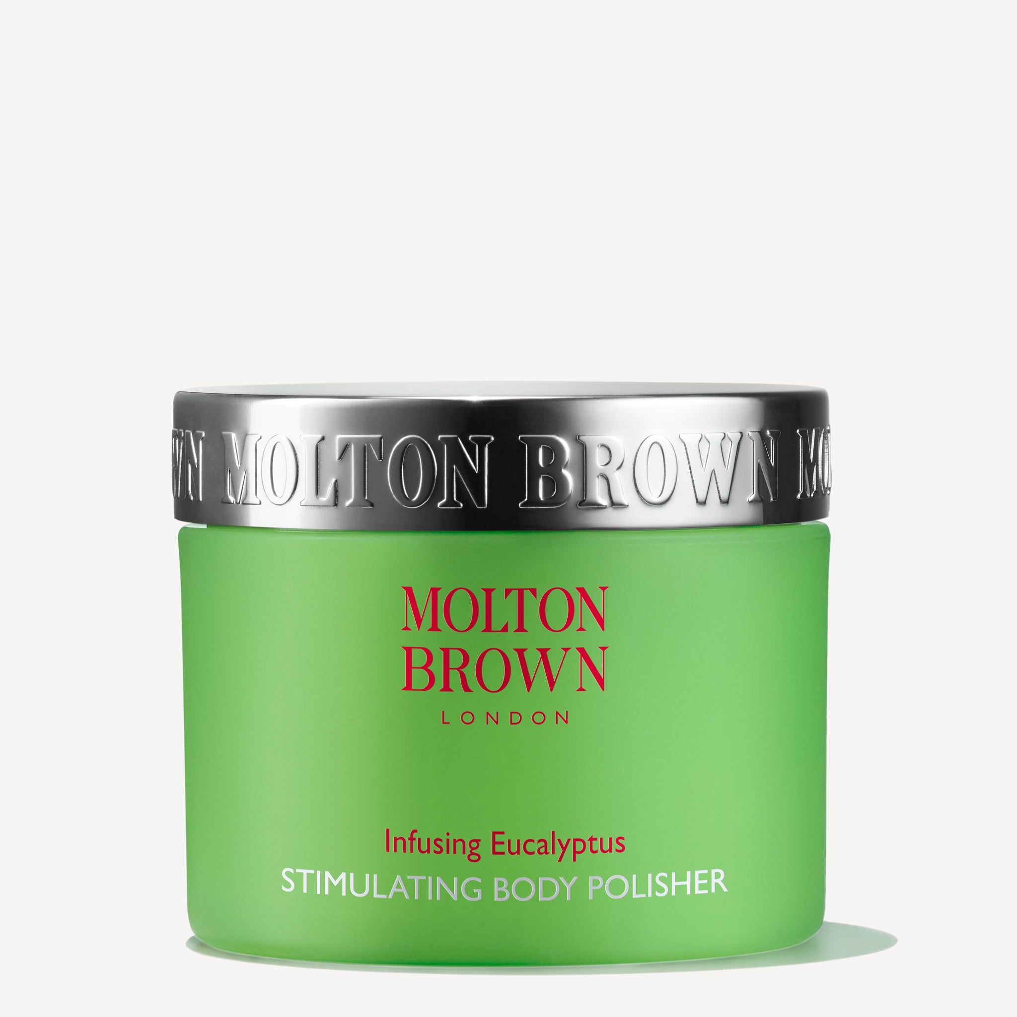 A green jar of MoltonBrown Cyprus Infusing Eucalyptus Stimulating Body Polisher 275g with a silver lid. Featuring exfoliating sugar, it purifies and smoothes skin. The brand name and product details are printed in red and white text on the front.