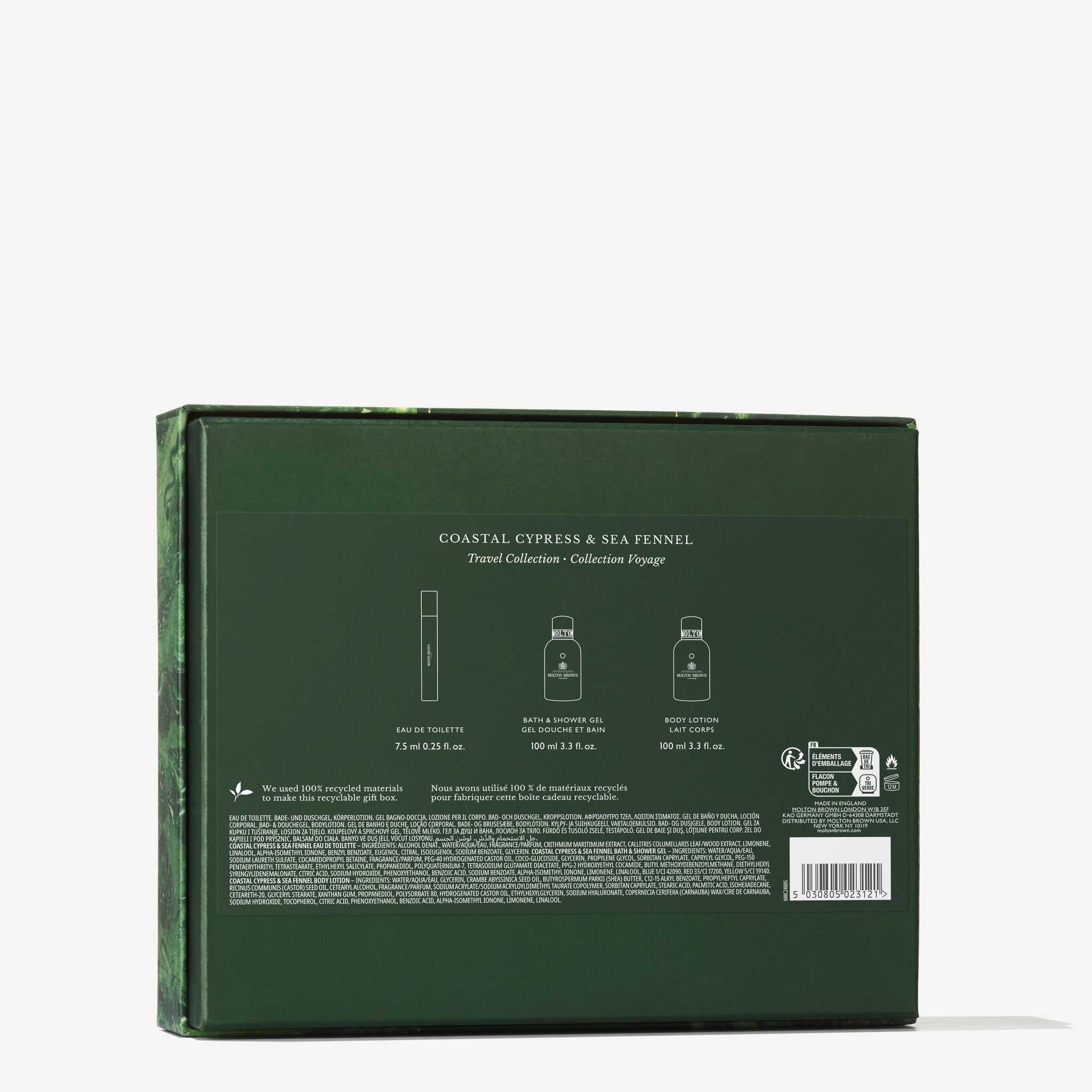 A packaging box in green for the Coastal Cypress & Sea Fennel Travel Gift Set by Molton Brown Cyprus, highlighting coastal cypress, marine notes, and sea fennel. The back includes descriptions of Blue Cypress Eau de Toilette, bath and shower gel, and body lotion with detailed product information and barcodes.