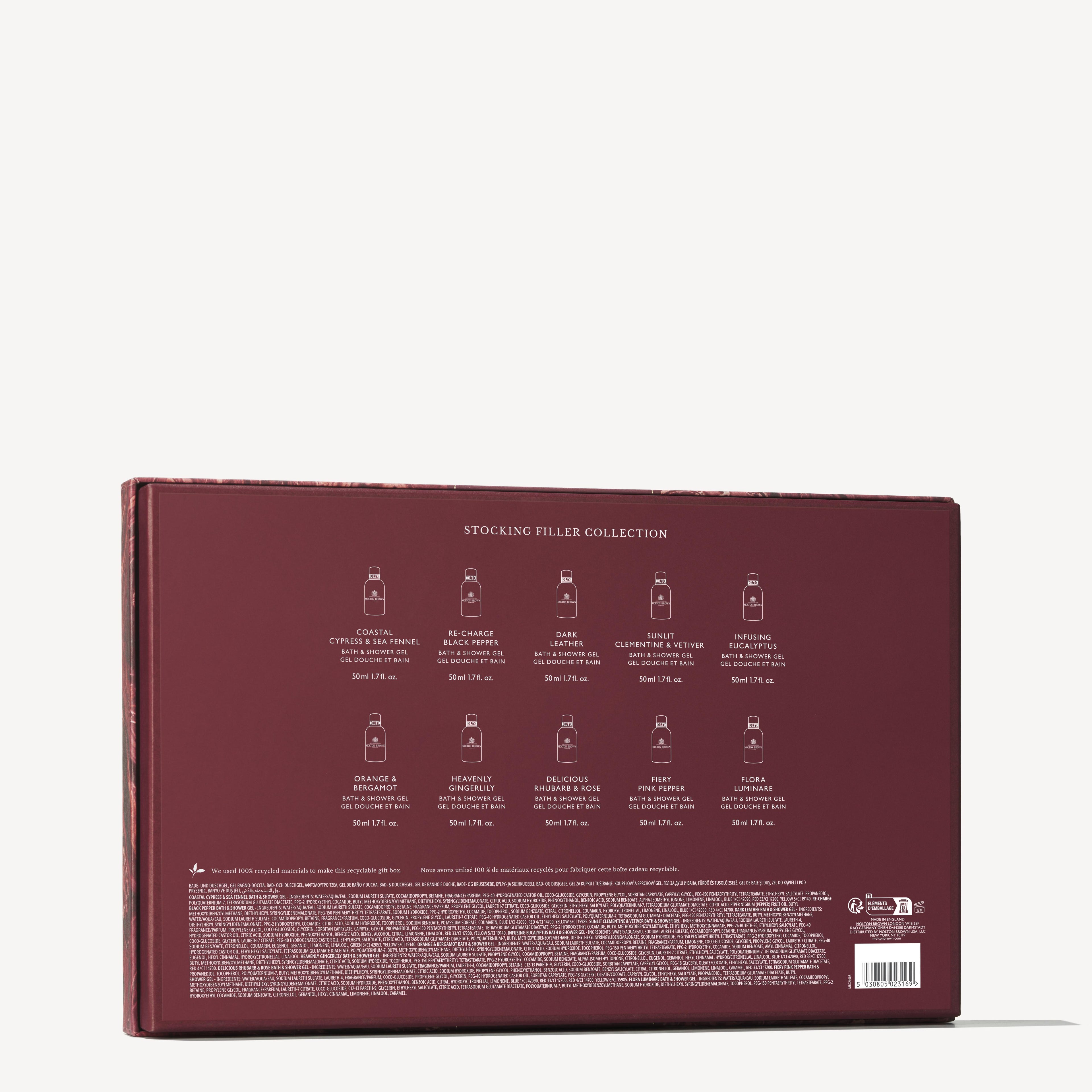 The image displays the back of a maroon box labeled "Stocking Filler Gift Set" by MoltonBrown Cyprus, featuring a selection of body washes with small bottle icons and descriptions. The white text provides product information and fragrance concentrations, along with barcode details at the bottom.