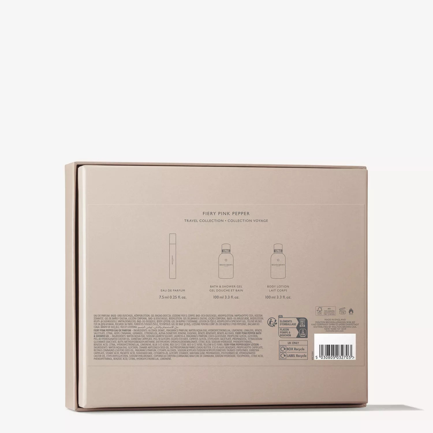 Back of a beige MoltonBrown Cyprus Fiery Pink Pepper Travel Gift Set box, showing pink pepper perfume and bath & shower gel. The chic set's ingredients and barcode are visible at the bottom.