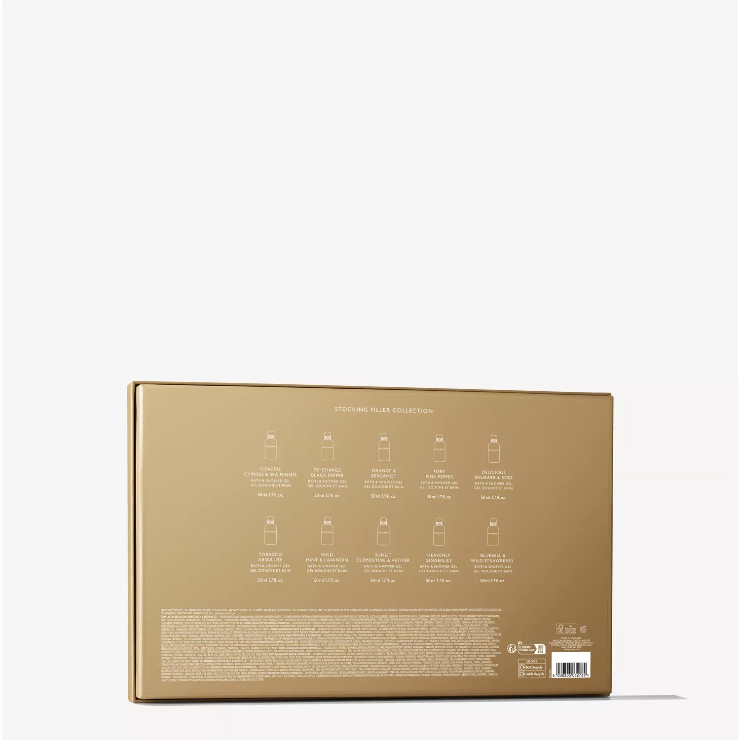 The image displays the back of a gold rectangular Stocking Filler Gift Set from MoltonBrown Cyprus, featuring descriptions and illustrations of ten mini body washes, shown in two rows, with product and ingredients details at the bottom.