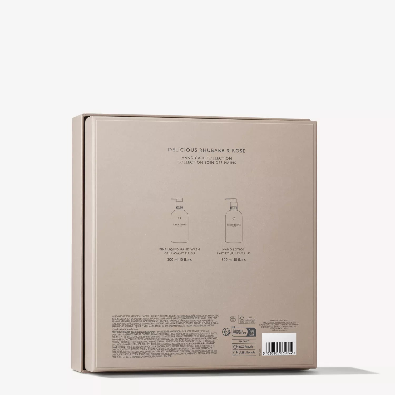 Back of a beige box displaying details for MoltonBrown Cyprus Delicious Rhubarb & Rose Hand Care Collection, with outline images of hand wash and lotion bottles. Text and barcodes are shown at the bottom.