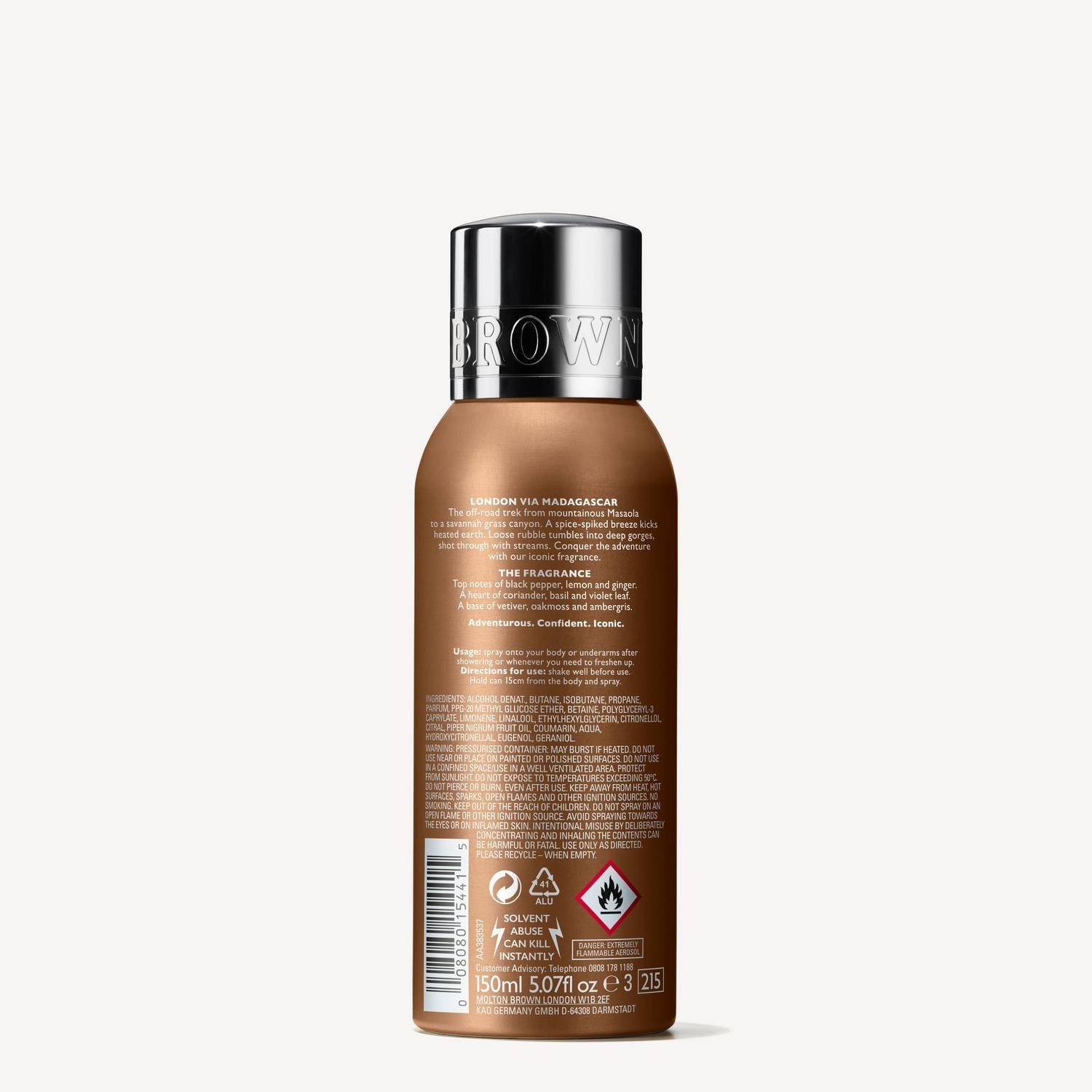 A cylindrical bottle of Re-charge Black Pepper Deodorant by MoltonBrown Cyprus stands against a white background. The brown bottle features a shiny silver cap, text with product details, and symbols for caution and recycling. Known for its iconic scent, the base indicates 150ml and 5.0 FL OZ.