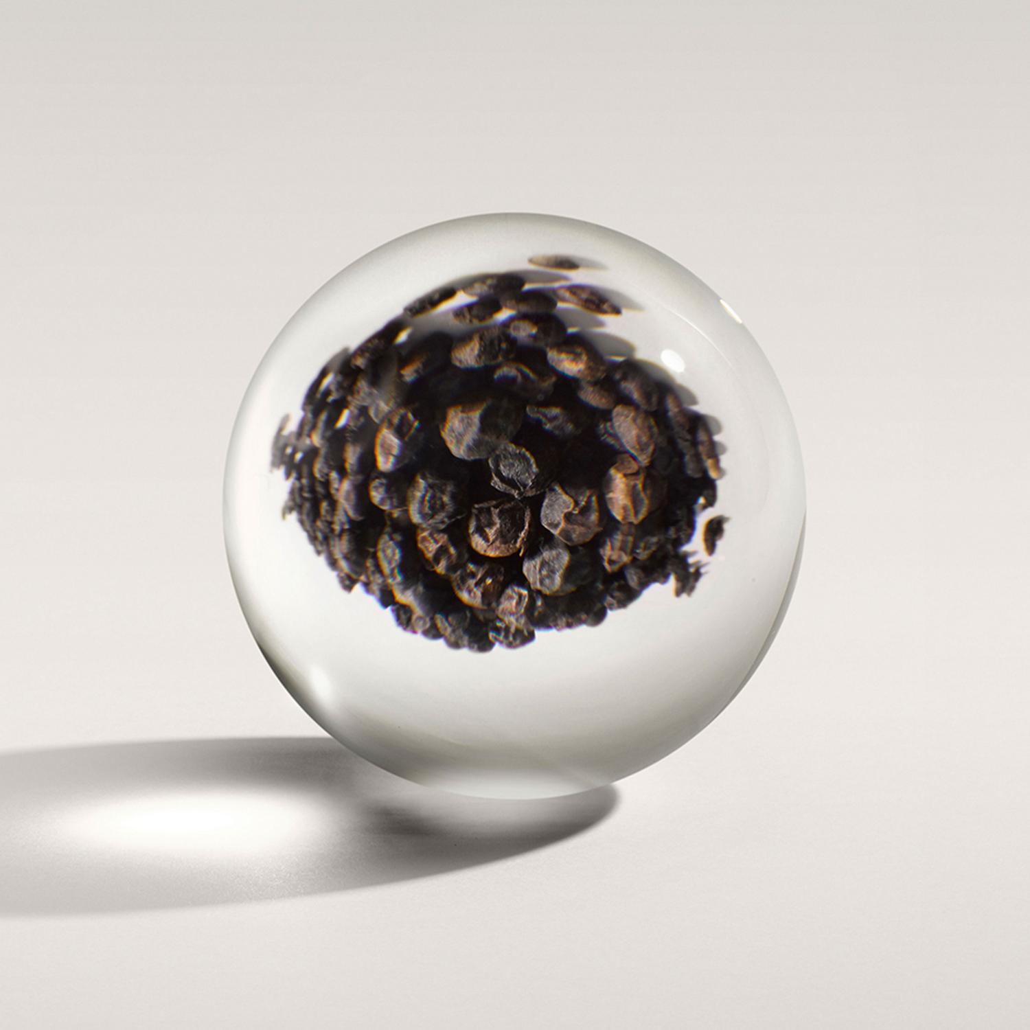 A spherical glass orb on a light surface encases the Re-charge Black Pepper Deodorant by Molton Brown Cyprus. The deodorant is magnified and distorted by the orb's shape, creating an artistic and surreal effect reminiscent of its iconic scent, with soft shadows adding to its allure.