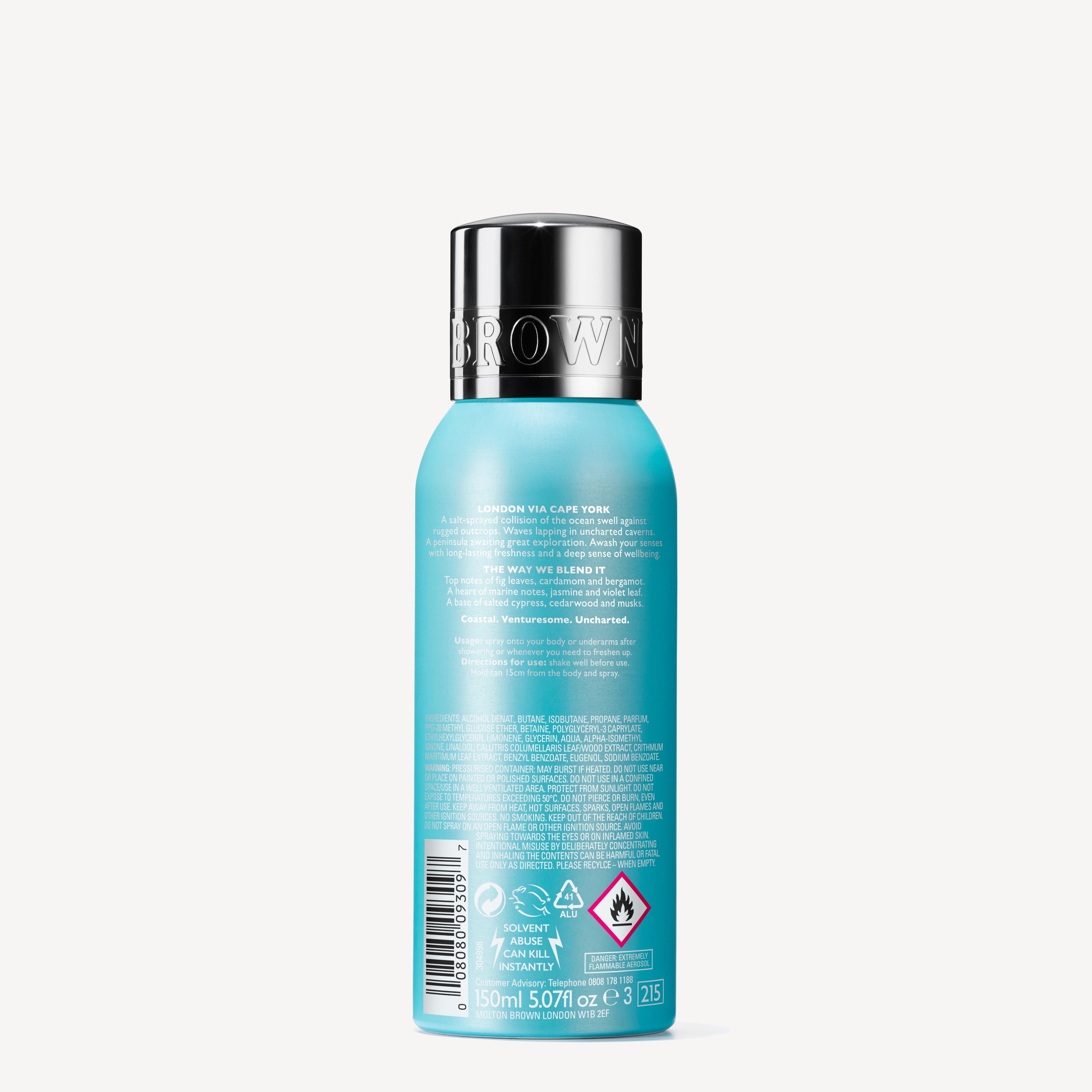 The MoltonBrown Cyprus Coastal Cypress & Sea Fennel Deodorant 150ml comes in a small turquoise bottle with a silver and black cap, releasing hints of marine notes. The back label features white text listing ingredients, with hazard symbols placed near the bottom alongside recycling information and a barcode.