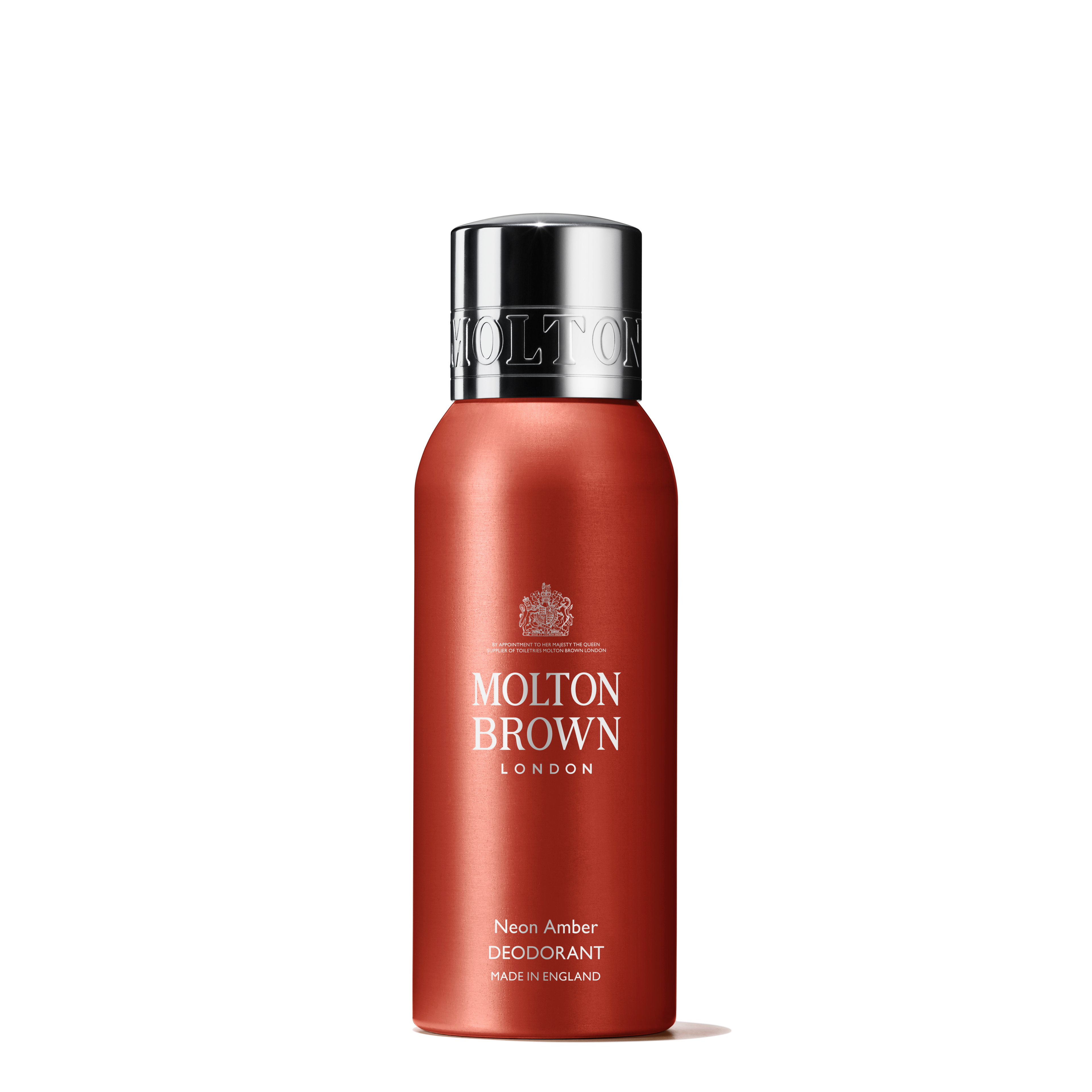 The red cylindrical deodorant spray, labeled Molton Brown Cyprus and Neon Amber Deodorant Spray 150ml, features a silver cap and crest logo. This aluminium-free formula is made in England with bright mandarin oil. The background is plain white.