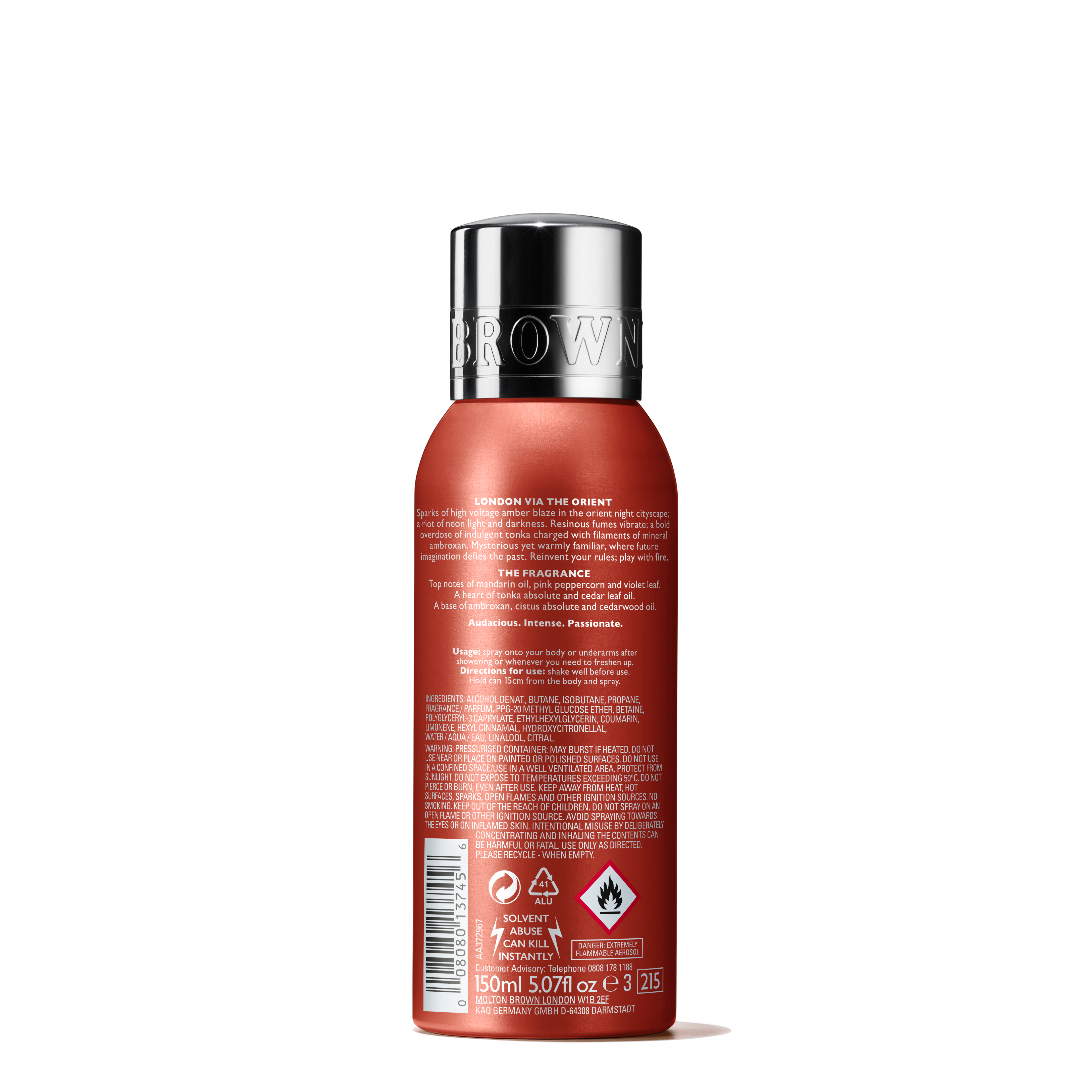 The Molton Brown Cyprus Neon Amber Deodorant Spray comes in a sleek 150ml cylindrical bottle featuring a shiny silver cap and orange-red hue. It’s infused with mandarin oil, is aluminium-free, and includes ingredient details. Recycling and flammability icons are at the bottom.