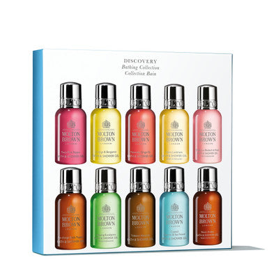 The Discovery Bathing Collection by MoltonBrown Cyprus is a travel-friendly box set containing 12 small, neatly arranged bottles of bath & shower gel in a variety of colors. Each bottle is labeled with an exceptional fragrance.