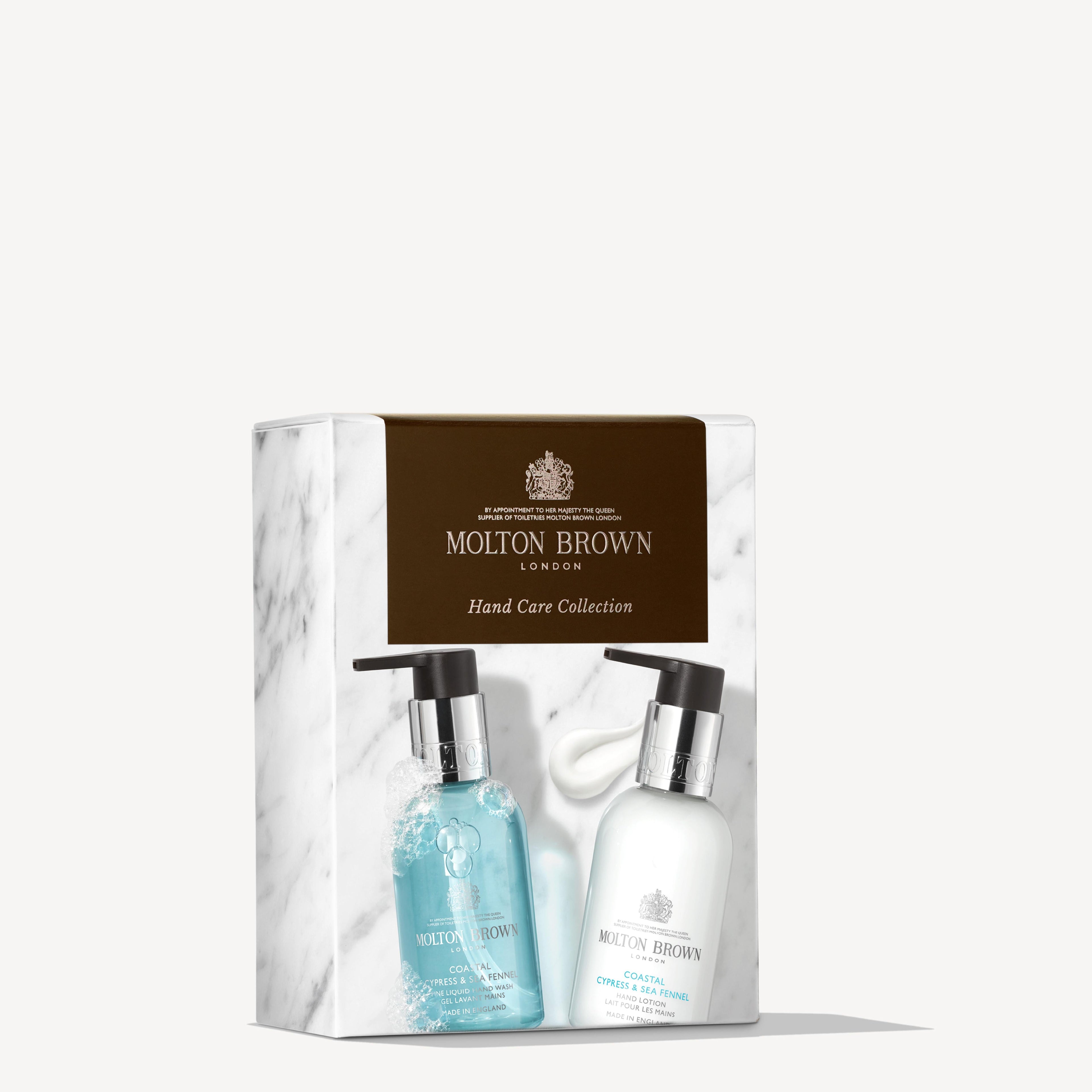 Explore the MoltonBrown Cyprus Coastal Cypress & Sea Fennel Hand Care Collection, elegantly packaged in a sophisticated marble-designed boxed set. This luxurious hand care experience includes both blue and white pump bottles infused with the refreshing scents of Coastal Cypress & Sea Fennel.