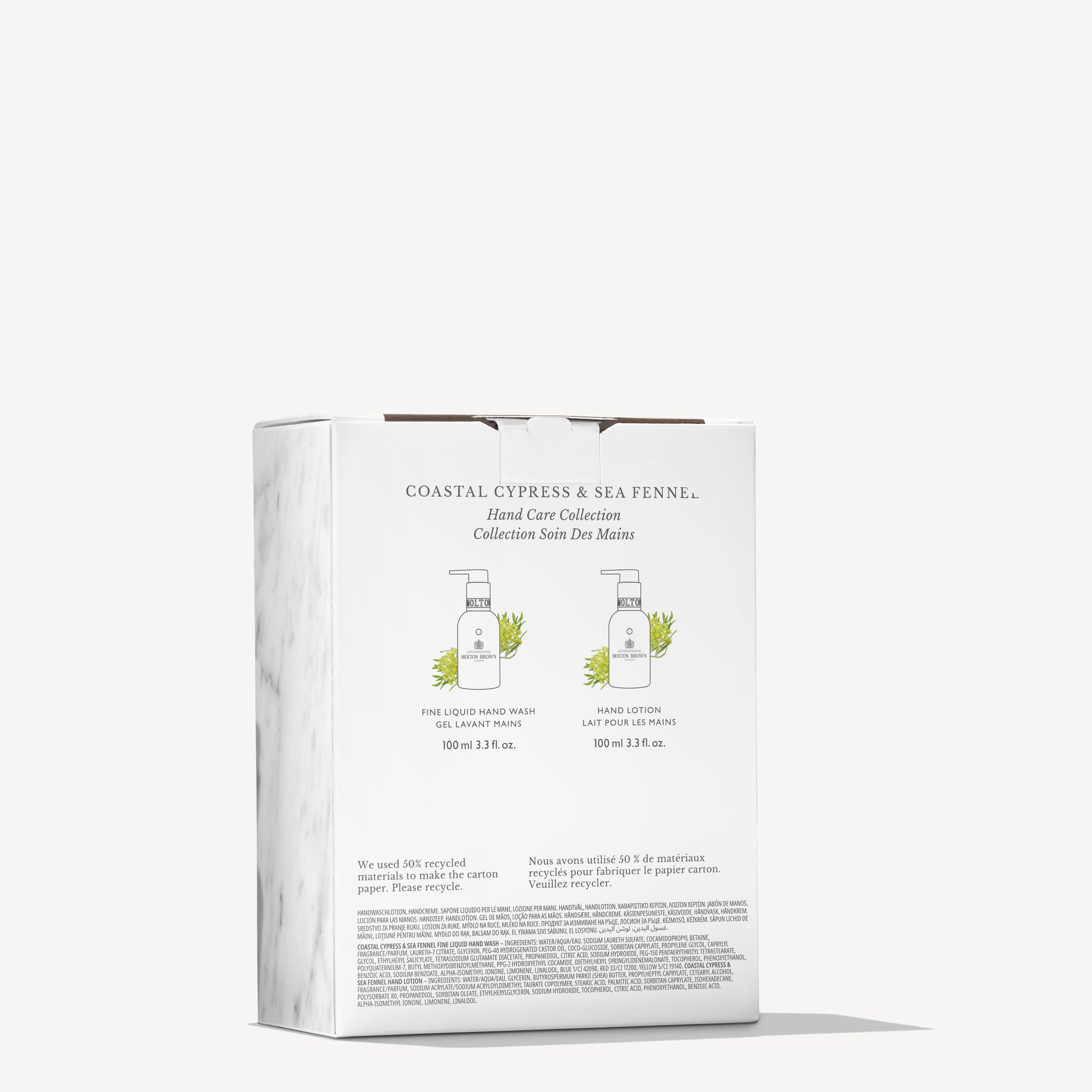 A box highlighting the MoltonBrown Cyprus Coastal Cypress & Sea Fennel Hand Care Collection displays images of hand wash and lotion bottles decorated with greenery illustrations. The packaging is primarily white, featuring text that provides product information.