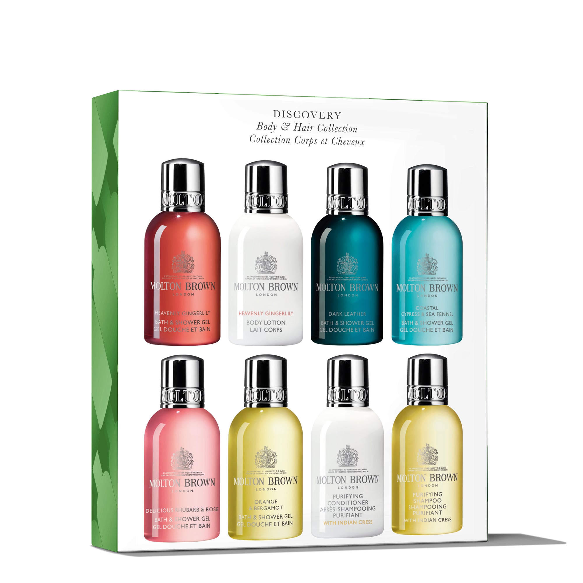 A boxed set labeled Discovery Body & Hair Collection from Molton Brown Cyprus showcases eight vibrant bottles of body care products. Each has a shiny cap and vivid label, neatly arranged in two rows of four against a pristine white backdrop.