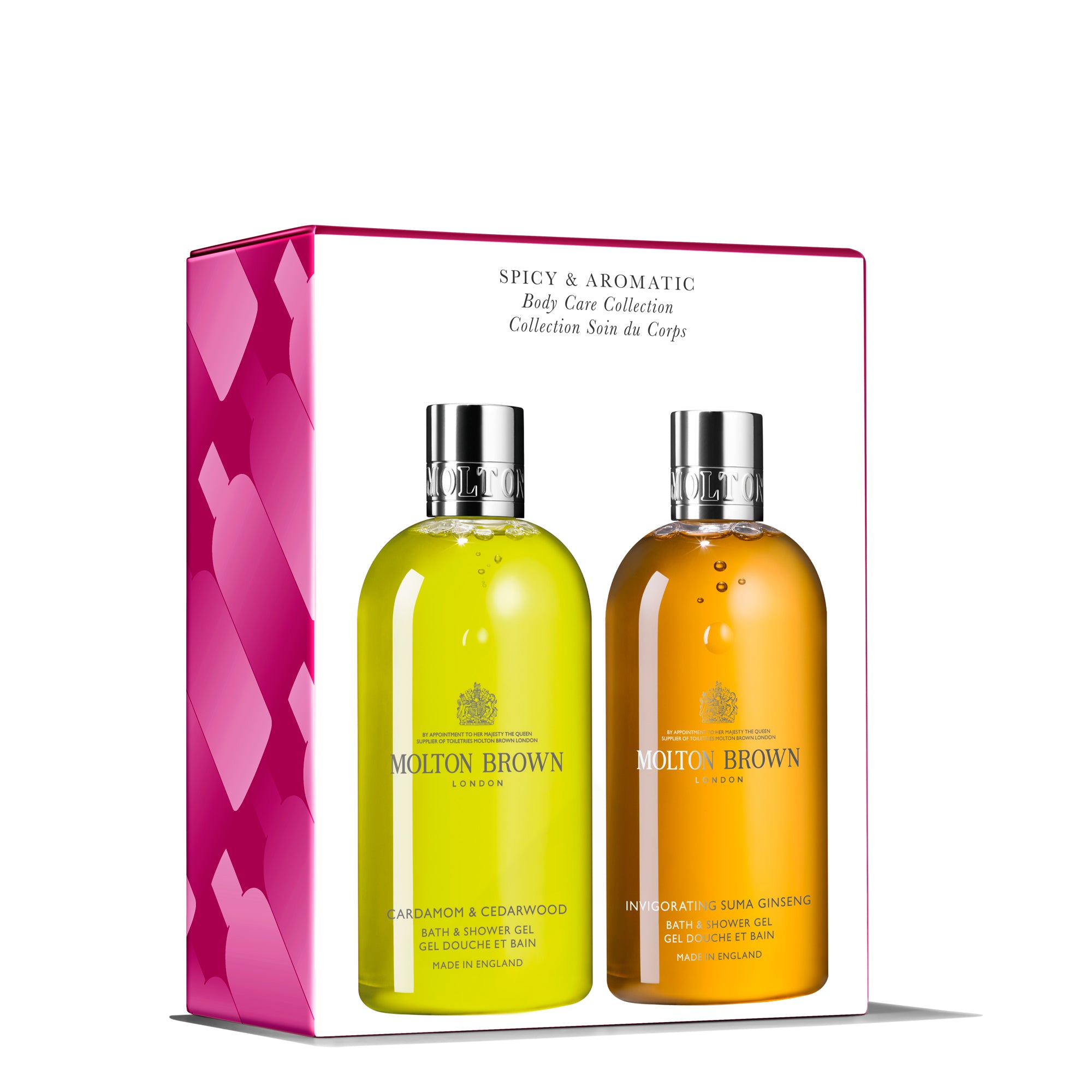 Indulge in luxury with Molton Brown Cypruss Spicy & Aromatic Body Care Duo. This cruelty-free set features Cardamom & Cedarwood and Re-charge Black Pepper & Ginseng Bath & Shower Gels, beautifully packaged in a white box with pink and red heart patterns.