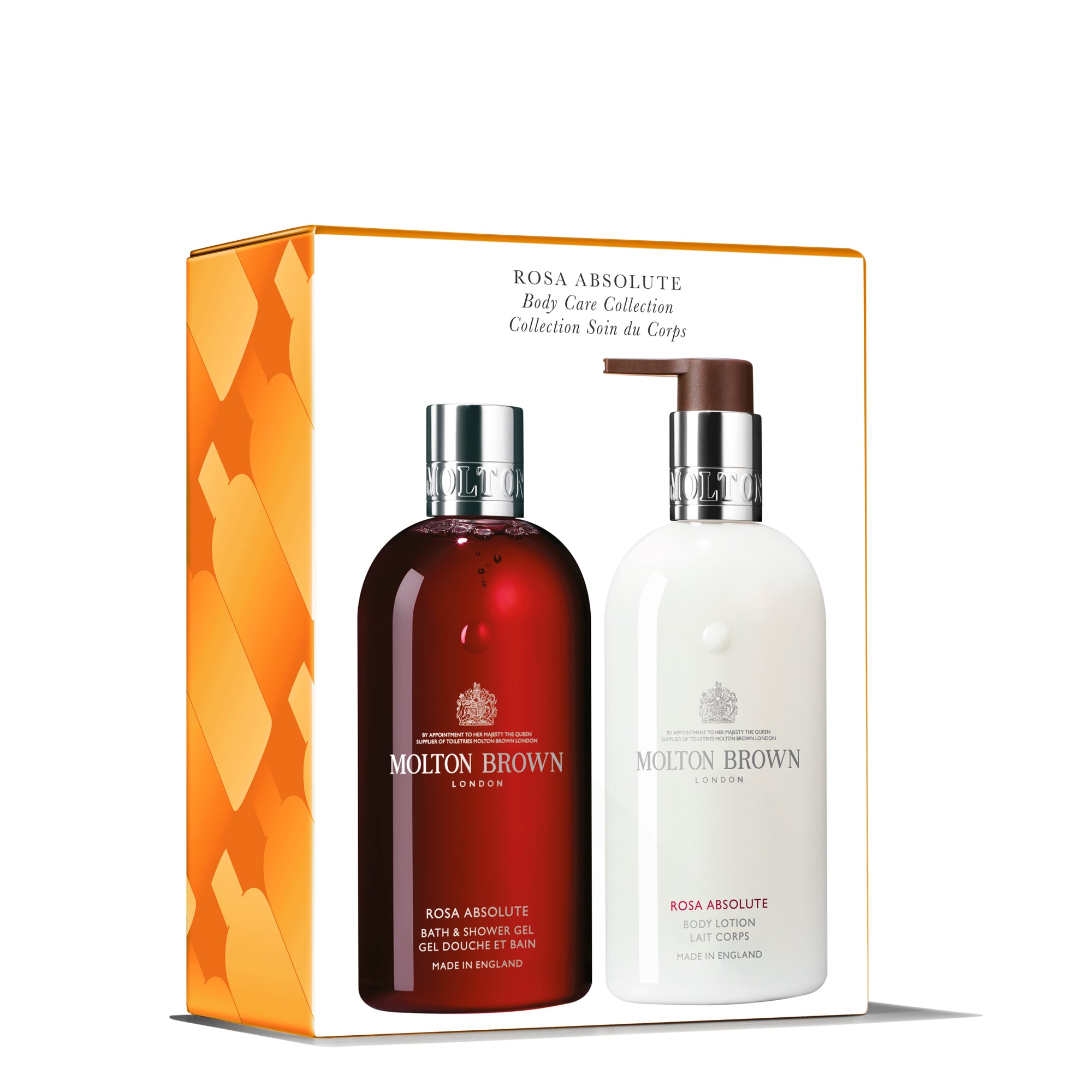 The Molton Brown Cyprus Rosa Absolut Body Care Duo is a delightful floral ritual featuring a deeply cleansing red bath and shower gel and a hydrating white body lotion, both with silver caps, elegantly packaged in an orange and white branded box.