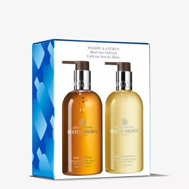 Explore the MoltonBrown Cyprus Woody & Citrus Hand Care Collection, a boxed set that includes two pump bottles of hand wash. With vibrant lemon and rich vetiver notes, the amber and light yellow shades perfectly accentuate the blue heart designs on the packaging.