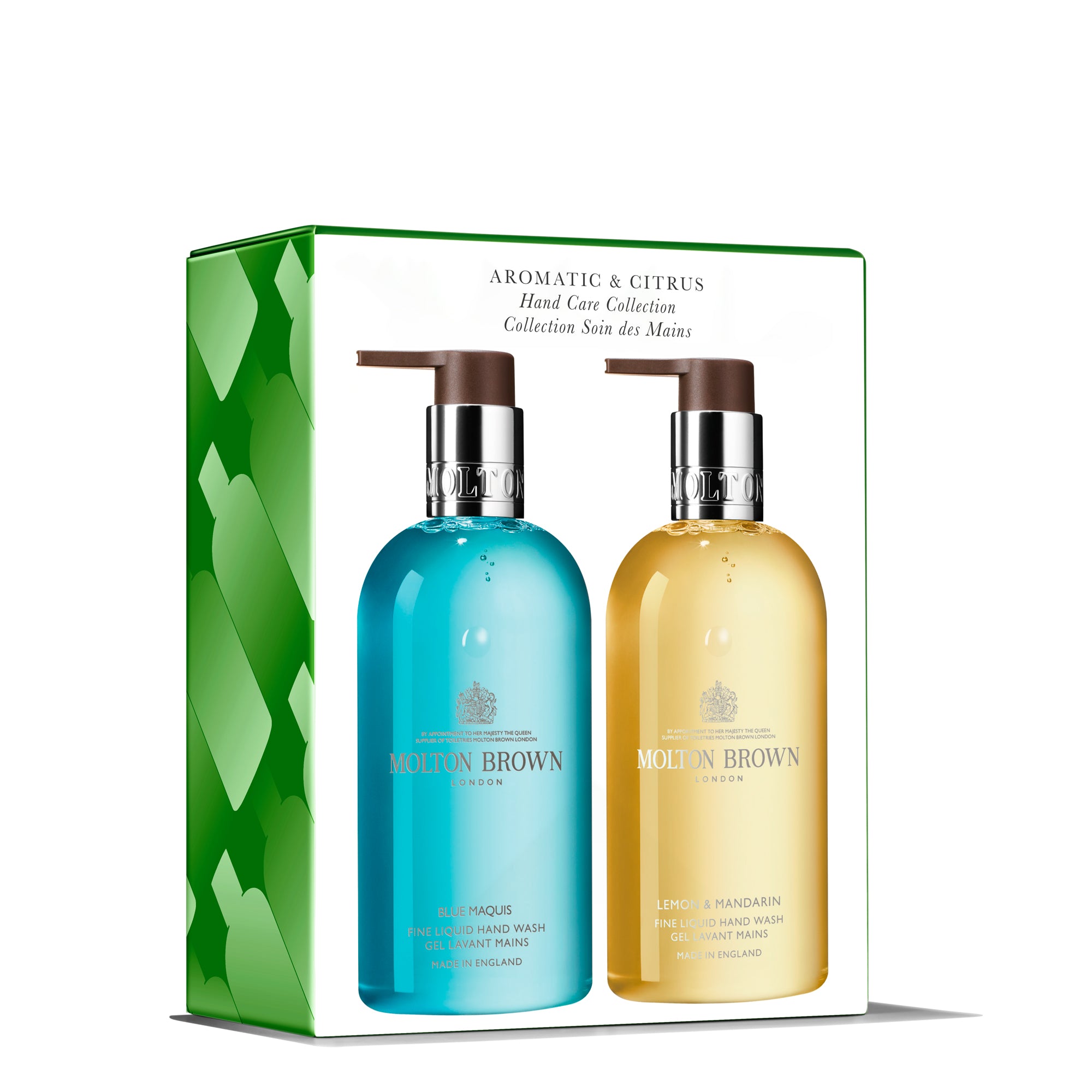 Explore the Aromatic & Citrus Hand Care Duo by Molton Brown Cyprus: a boxed set with two exquisite pump bottles—a vibrant blue for refreshing Blue Maquis Hand Wash and a sunny yellow featuring zesty Lemon & Mandarin Hand Wash infused with invigorating Italian lemon oil.