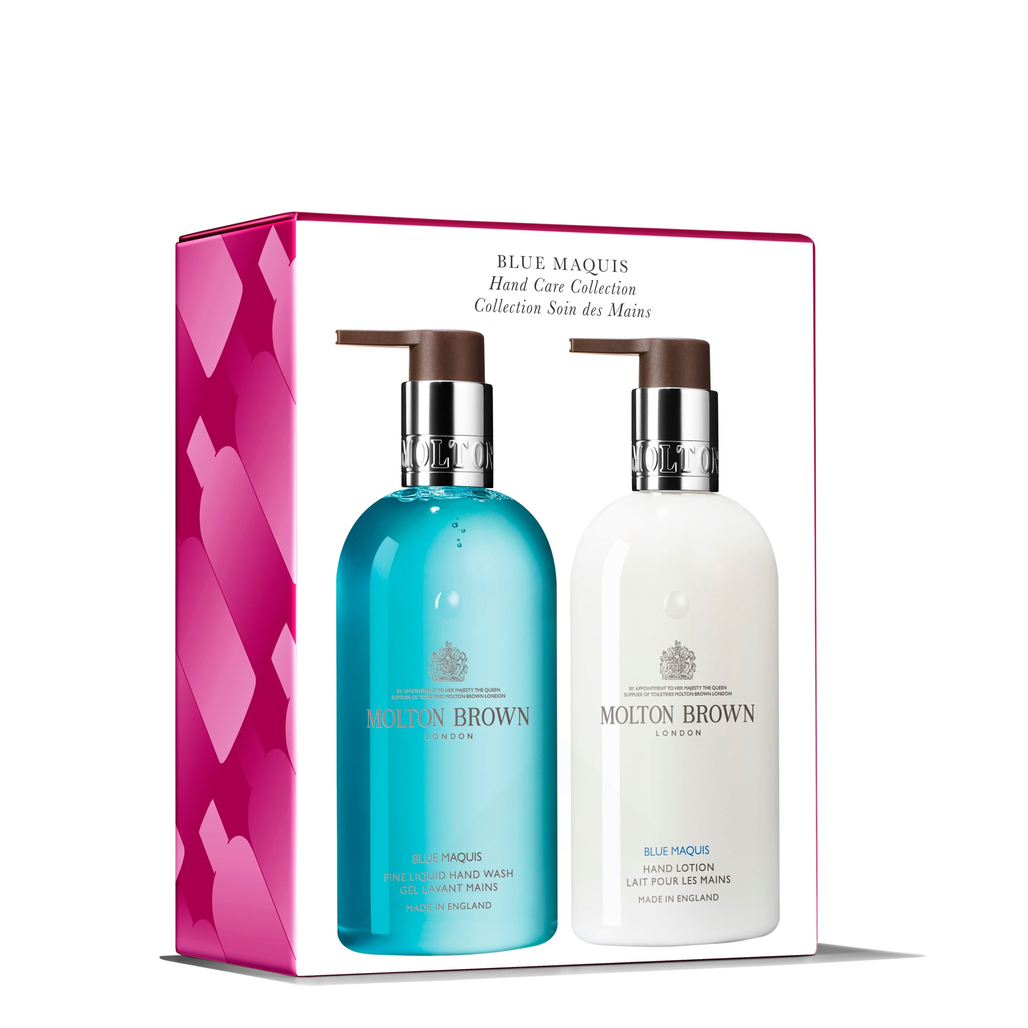 The Blue Maquis Hand Care Duo by Molton Brown Cyprus includes an aromatic hand wash and soothing white lotion with pumps, in a box featuring a pink and red geometric heart design. Enjoy the elegance of this cruelty-free luxury set.