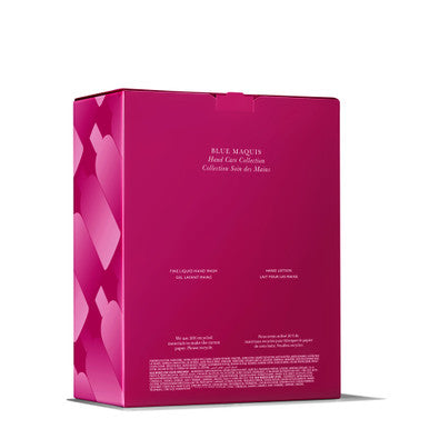 A pink packaging box with an abstract heart pattern elegantly showcases the MoltonBrown Cyprus Blue Maquis Hand Care Collection. This luxurious hand wash presentation is enhanced by product details in smaller font, providing a preview of the premium moisturizing lotion inside.