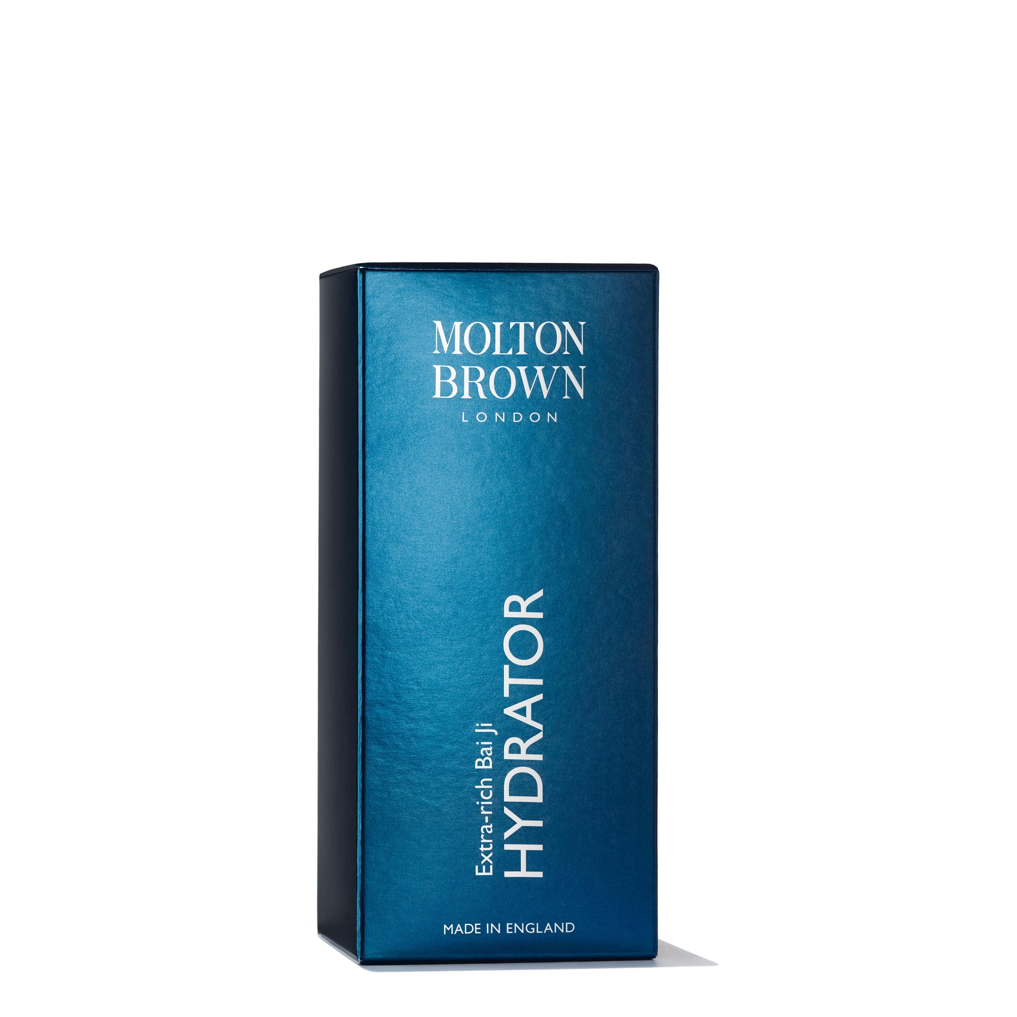 A blue rectangular box with silver text displays "MoltonBrown Cyprus Extra-rich Bai Ji Hydrator 100ml," promising intense hydration and infused with macadamia seed oil, crafted in England.