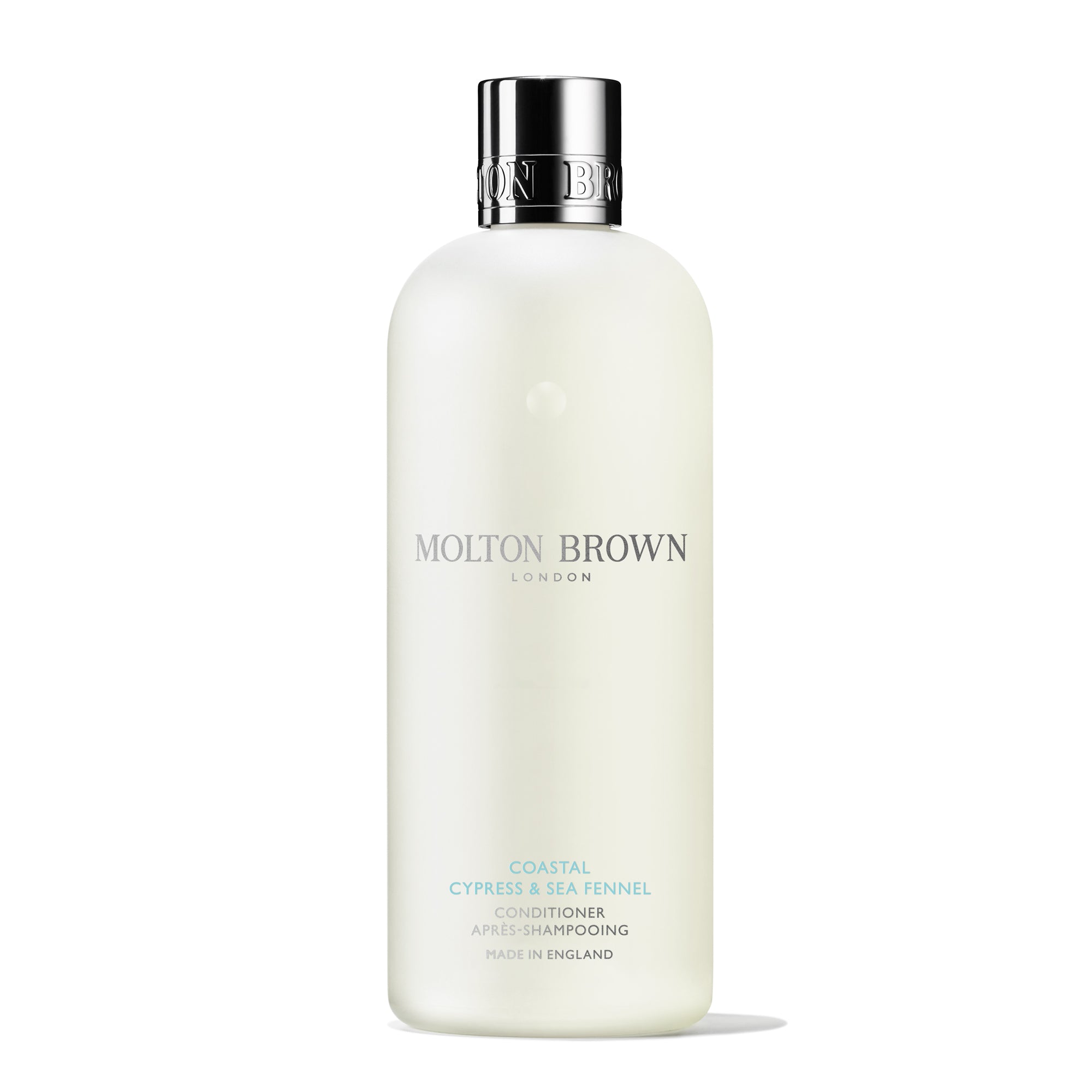 A 300ml bottle of Molton Brown Cyprus Coastal Cypress & Sea Fennel Conditioner stands upright with a silver cap and minimalist white label, set against a white background—ideal for all hair types.