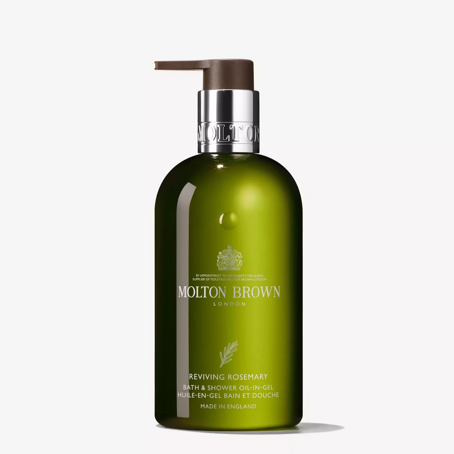 A green 300ml bottle of MoltonBrown Cyprus Reviving Rosemary Bath & Shower Oil-In-Gel with a brown pump rests on a white background. Its label, featuring silver text and an emblem, assures a luxurious milky lather for your body wash routine.