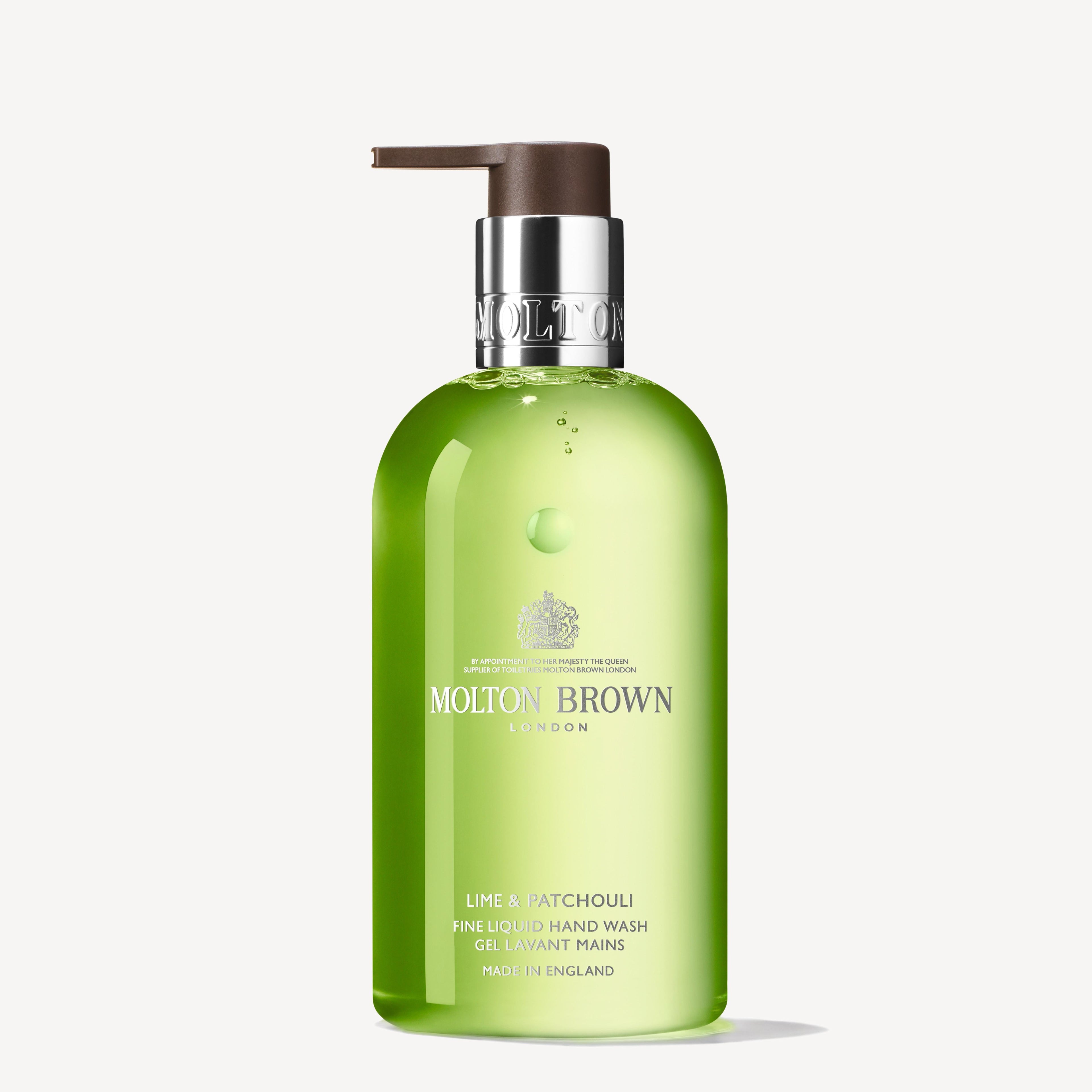 MoltonBrown Cyprus Lime & Patchouli Fine Liquid Hand Wash 300ml in a green bottle with a pump dispenser, featuring labels that indicate it's made in England.