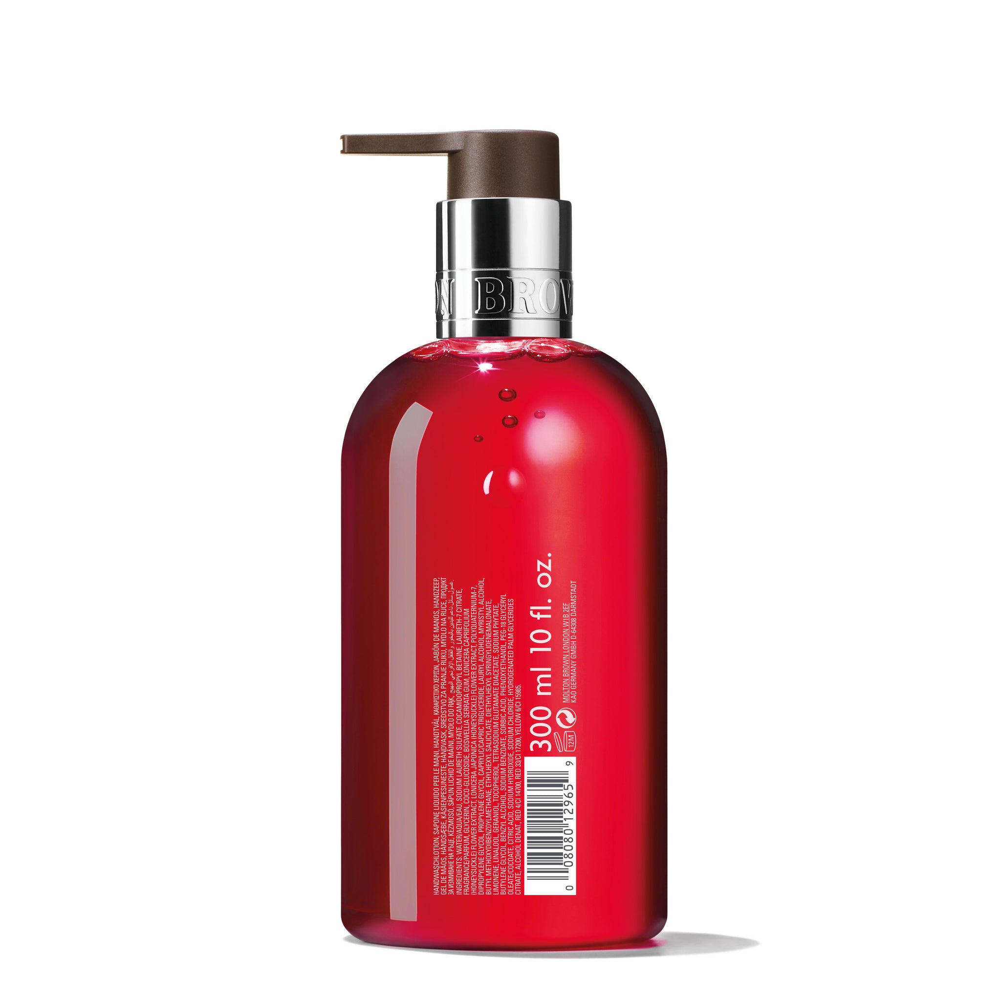 A 300 ml round bottle with a pump dispenser, branded as MoltonBrown Cyprus Festive Frankincense & Allspice Fine Liquid Hand Wash, showcases an elegant design with a woody hand wash infused in rich sandalwood. The label includes text and a barcode, complementing the contrasting brown cap that adds a touch of sophistication. The container stands upright against a white background.