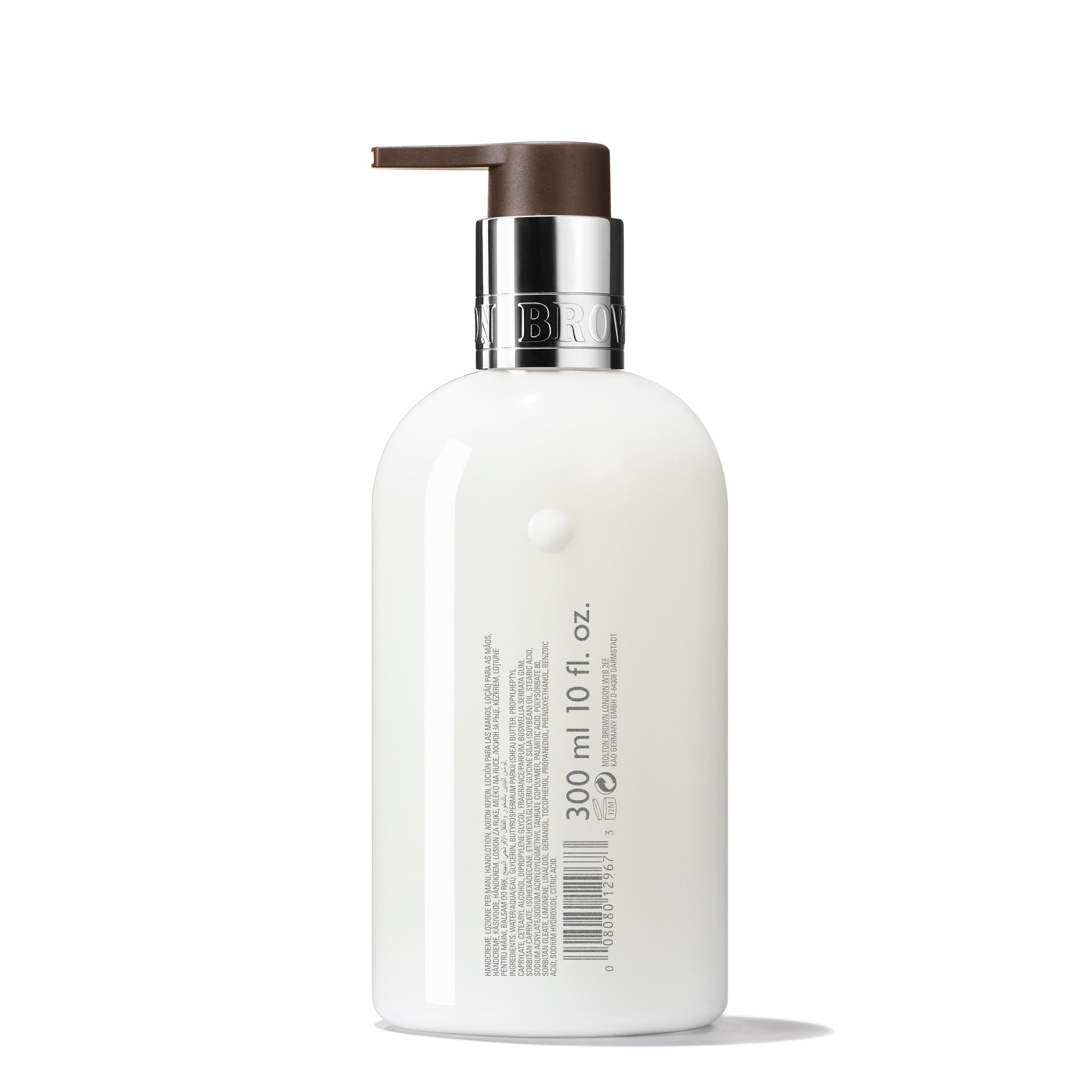 A white bottle of MoltonBrown Cyprus Festive Frankincense & Allspice Hand Lotion, featuring a brown pump dispenser and infused with festive frankincense notes, is labeled with product details and measures 300 ml or 10 fl. oz.