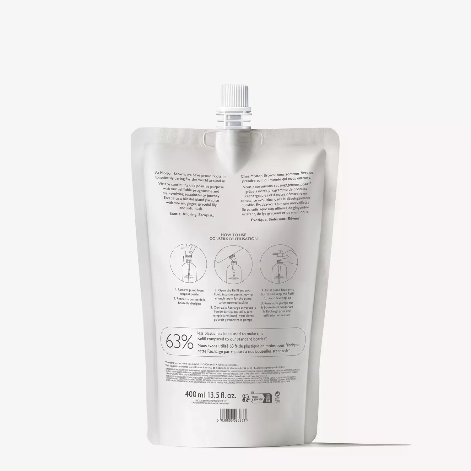 A white stand-up pouch with a spout holds 400 ml of Molton Brown Cypruss Heavenly Gingerlily Fine Liquid Hand Wash Refill. The front features usage instructions, highlighting a 63% ingredient benefit and refill-friendly icons at the bottom.