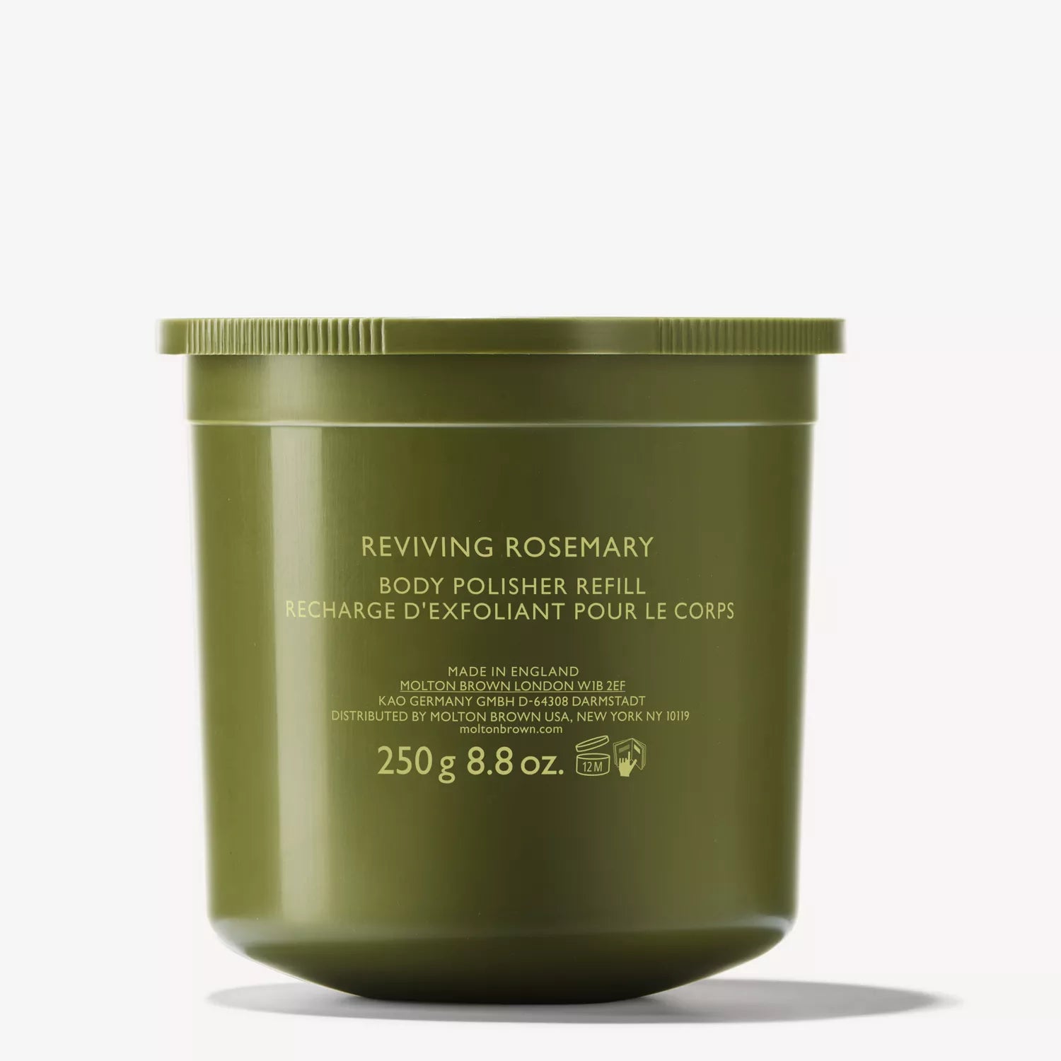 A 250g MoltonBrown Cyprus Reviving Rosemary Body Polisher Refill container, in olive green with English and French text, features an herbaceous blend and appears against a white background.