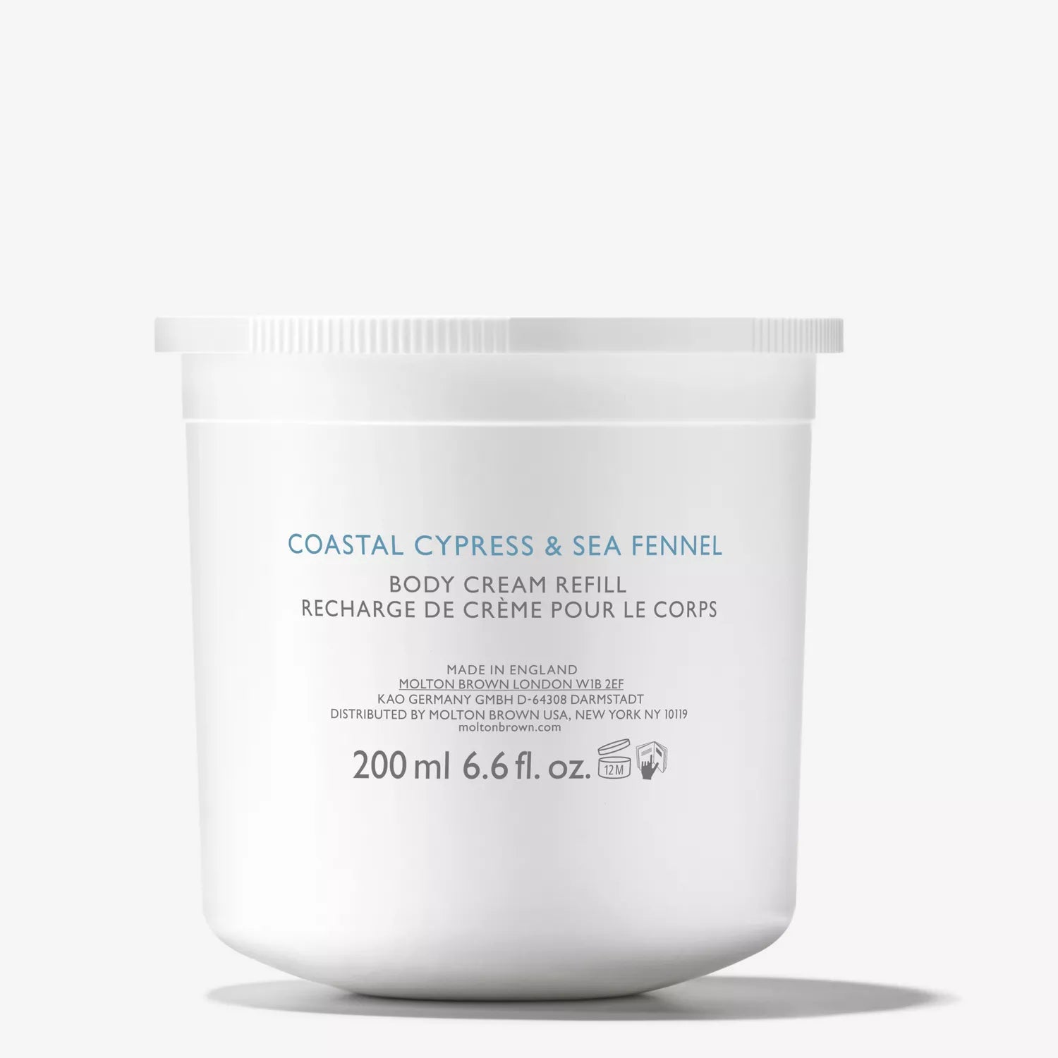 A white MoltonBrown Cyprus Coastal Cypress & Sea Fennel Body Cream Refill 200g container, featuring blue and gray text, is shown against a plain light background. Perfect for post-bathing hydration.