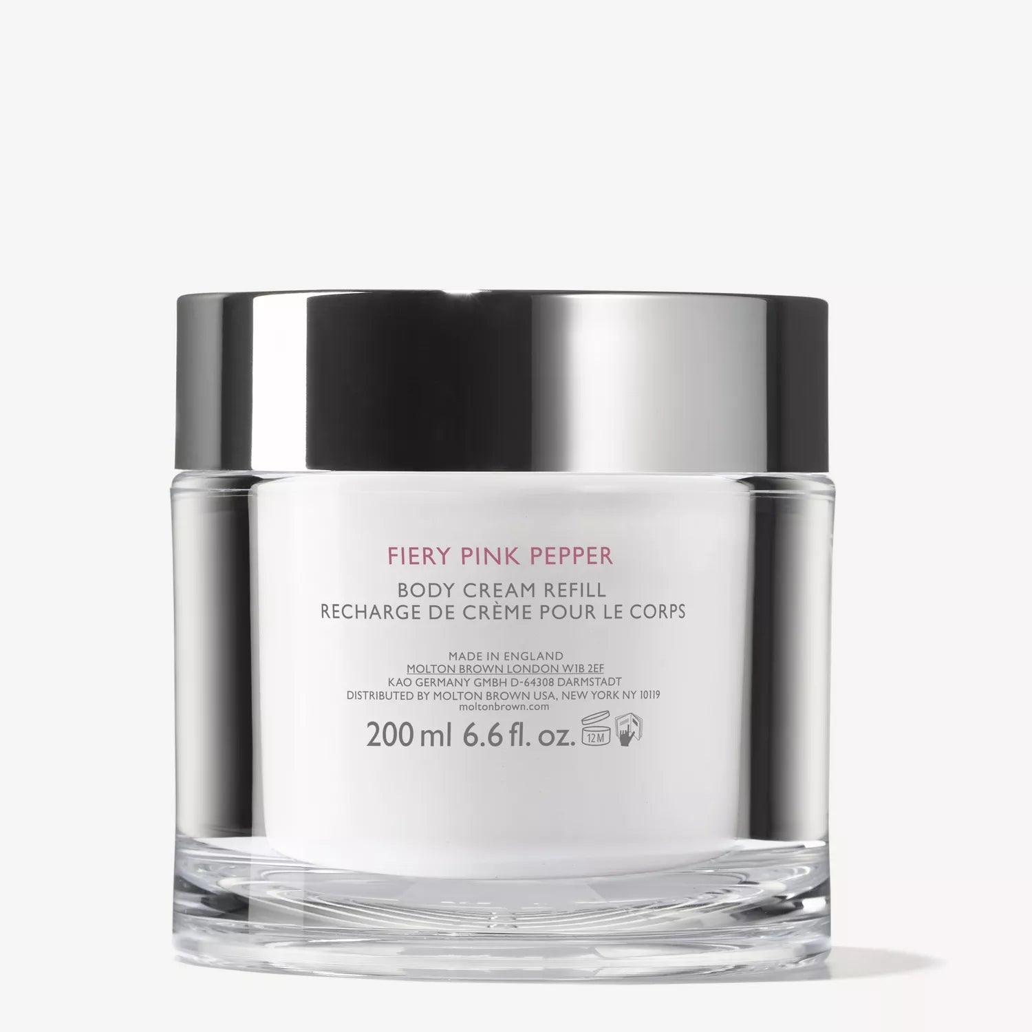 A clear and silver jar labeled MoltonBrown Cyprus Fiery Pink Pepper Refillable Body Cream 200g is displayed against a plain white background.