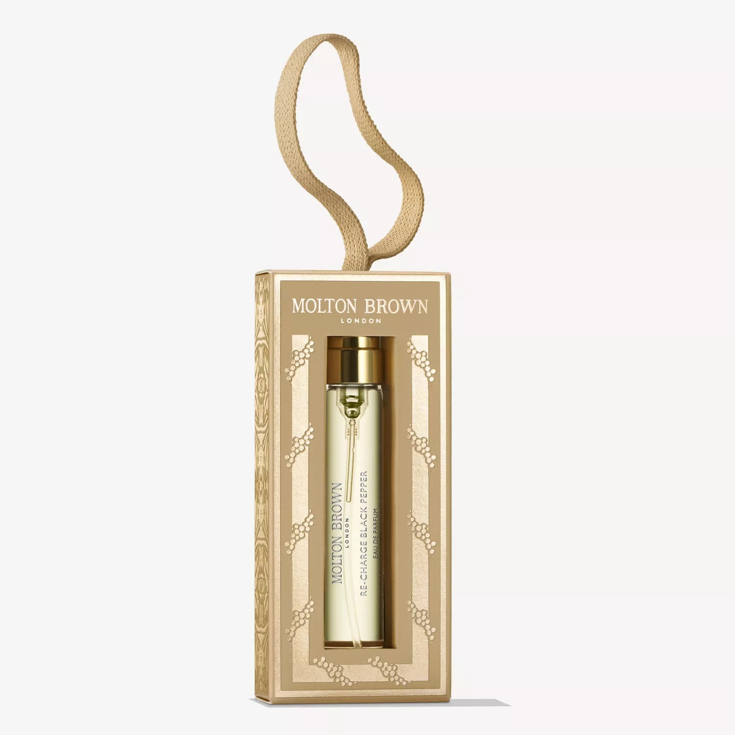 A MoltonBrown Cyprus Re-charge Black Pepper Fragrance Bauble 7.5ml, in a decorative gold and beige box with a textured hanging loop, against a white background. Ideal for sampling the woody scent with cedarwood notes.