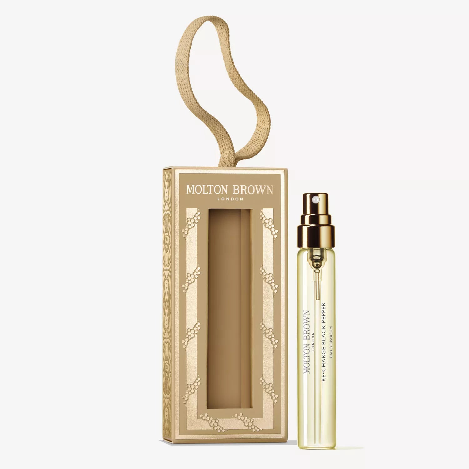 A MoltonBrown Cyprus Re-charge Black Pepper Fragrance Bauble (7.5ml) features a woody scent in a clear spray bottle with gold accents, presented in a beige box with window and fabric loop handle—perfect as a perfume gift set.