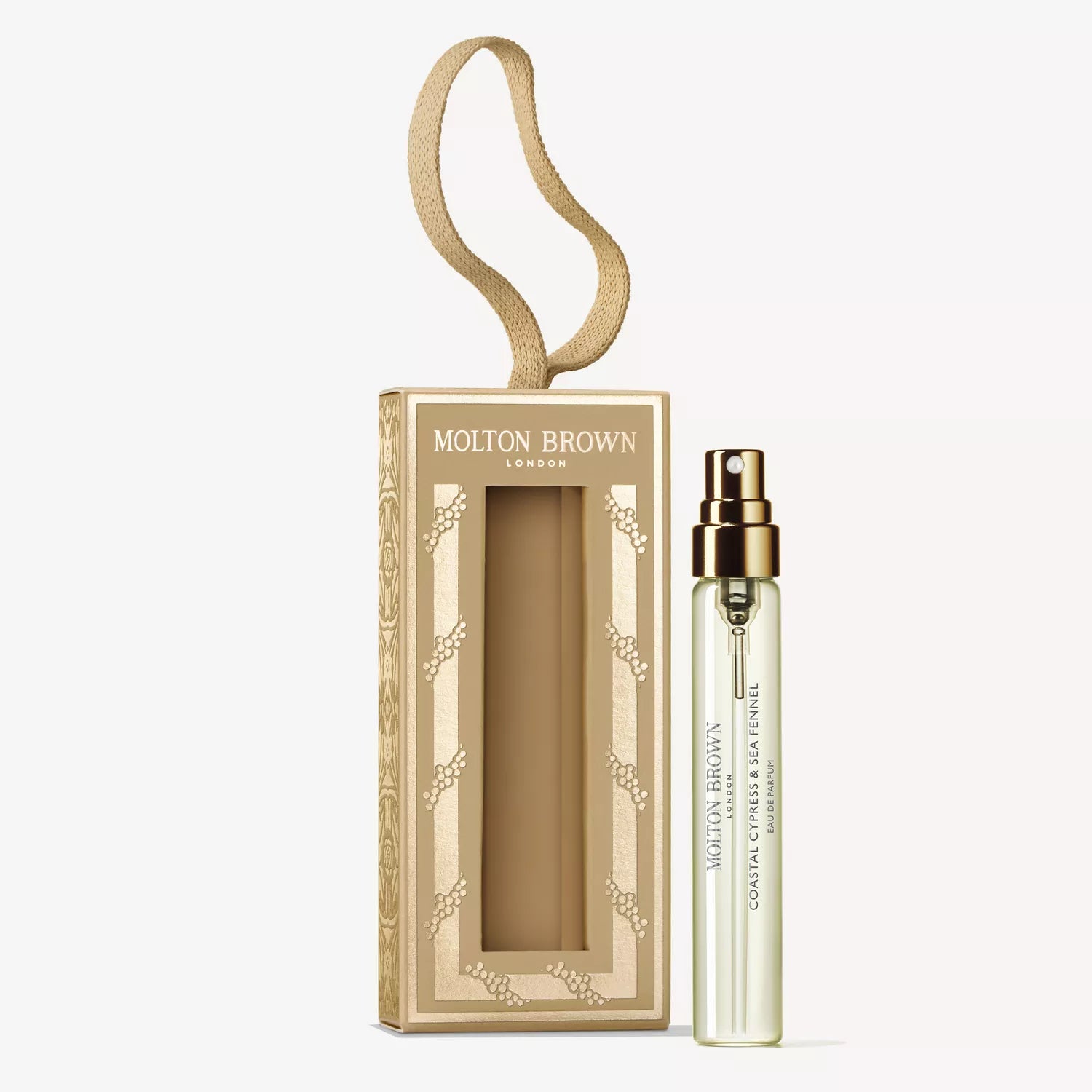 MoltonBrown Cyprus Coastal Cypress & Sea Fennel Fragrance Bauble 7.5ml: a clear mini spray, packaged in a gold and beige rectangular box with cut-out window and ribbon handle. Crisp marine notes evoke the scent of the sea.