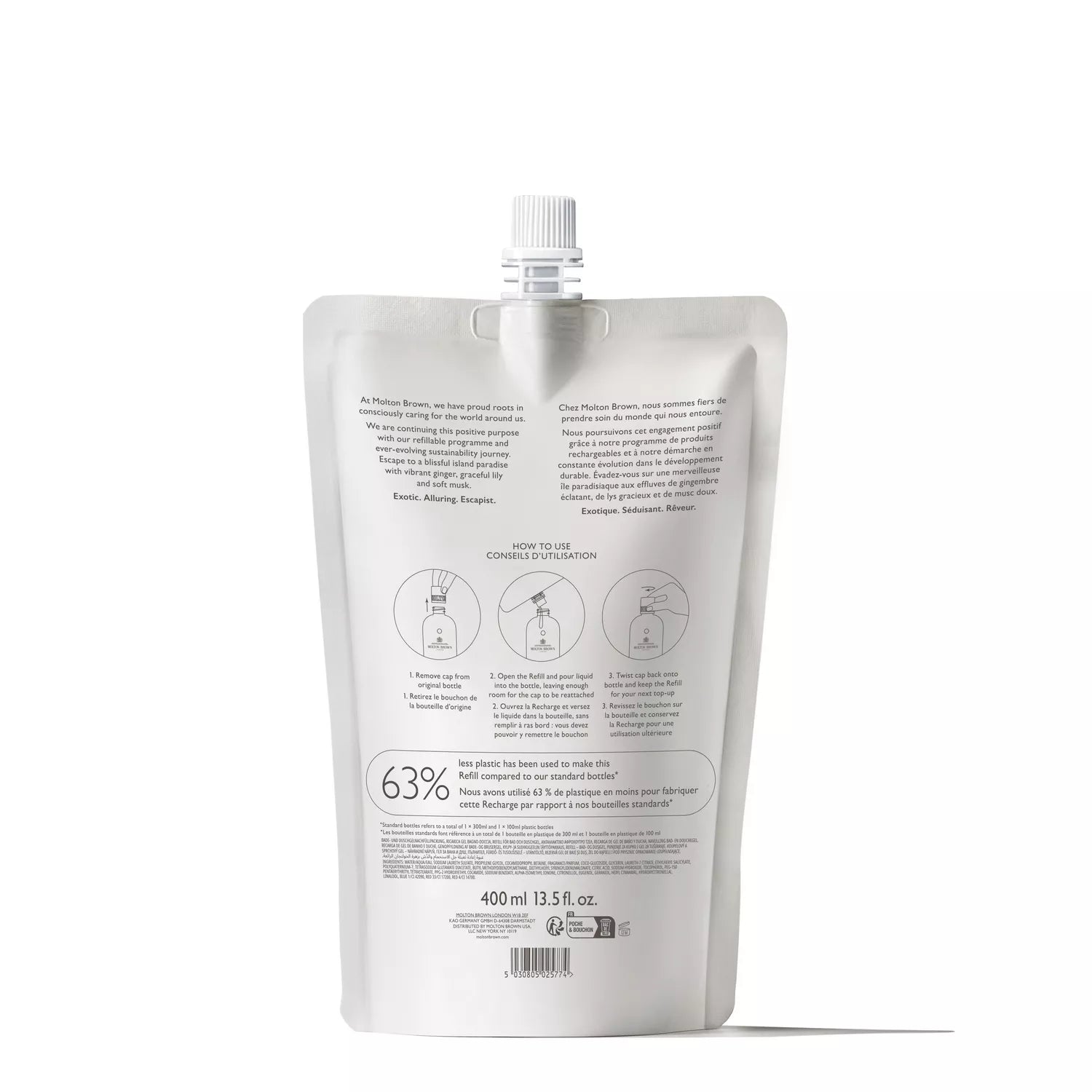 A sustainable spout pouch by Molton Brown Cyprus features text and diagrams, providing refill instructions and product details for the Heavenly Gingerlily Bath & Shower Gel Refill. The capacity is 400 ml (13.5 fl oz), with information printed in English on the back.