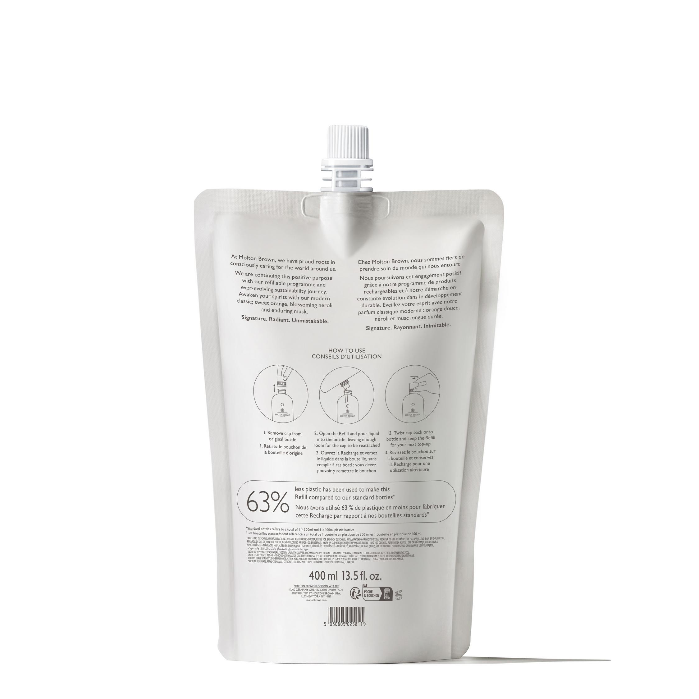 The back of the white refill pouch from Molton Brown Cypruss Orange & Bergamot Bath & Shower Gel Refill 400ml includes English and French instructions, step-by-step icons for waste reduction, and highlights a 63% plastic reduction, ideal for your citrus body wash requirements.