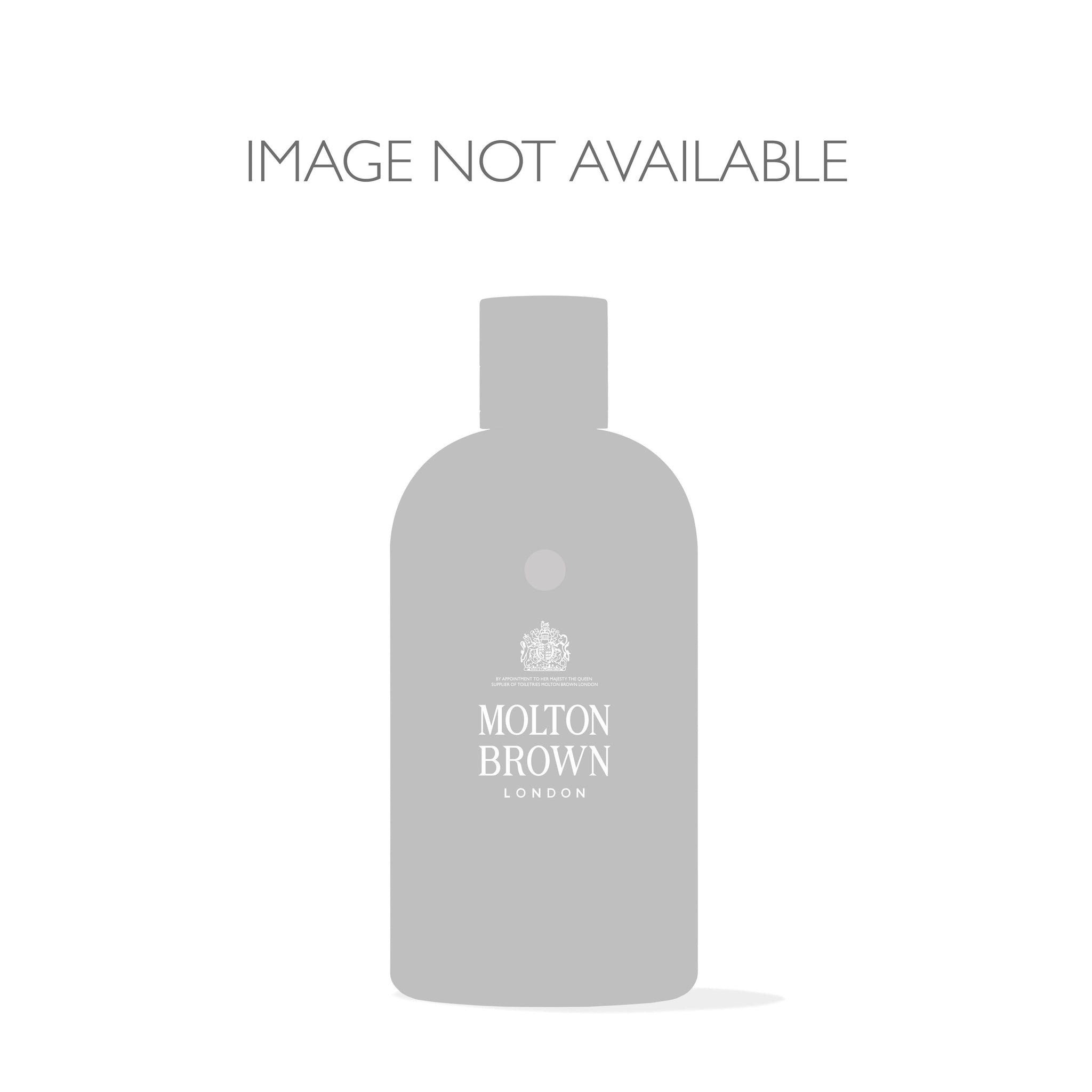 A placeholder image shows the silhouette of a MoltonBrown Cyprus recycled aluminum bottle featuring the text "Image Not Available" above it. The simple design with a gray color scheme suggests the elegance of their Fiery Pink Pepper Infinite Bottle 400ml from the woody-spicy body wash collection.