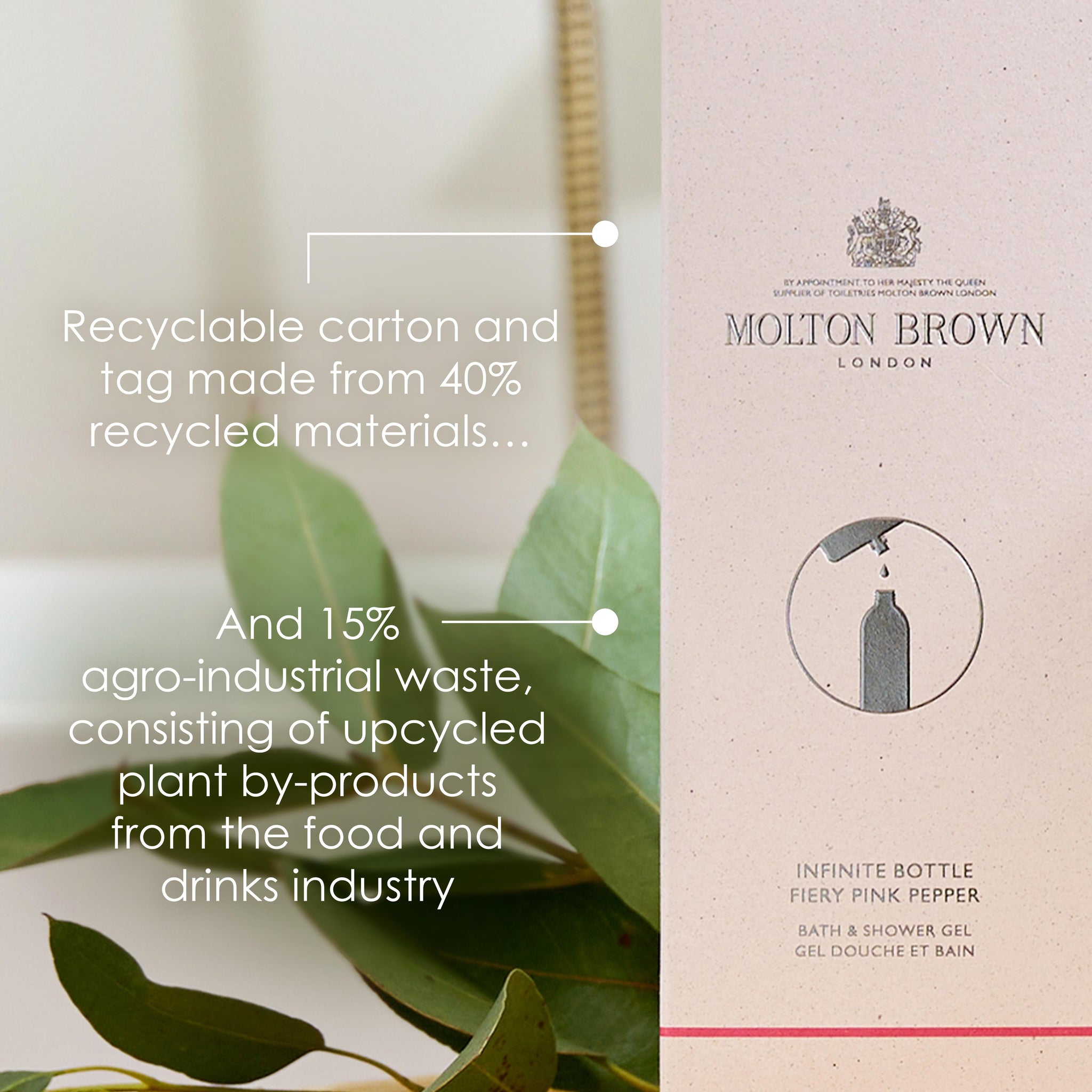 The packaging for MoltonBrown Cyprus's Re-charge Black Pepper Infinite Bottle 400ml highlights its eco-friendly design, using 40% recycled carton and incorporating 15% agro-industrial waste from upcycled plant by-products. Green leaves nearby amplify the natural aesthetic, while a waste-reducing refill pouch provides a sustainable option.