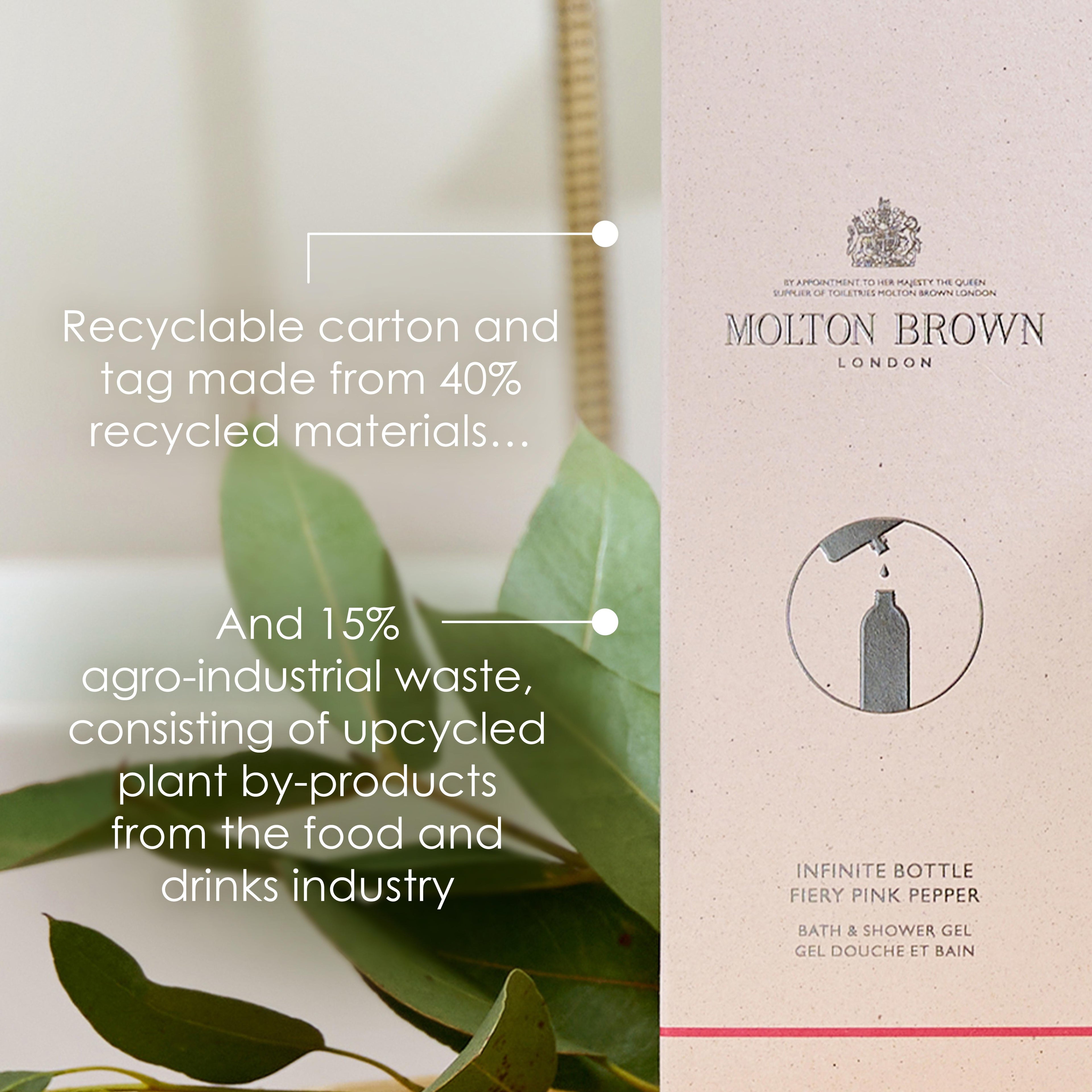 The packaging for MoltonBrown Cyprus's Re-charge Black Pepper Infinite Bottle 400ml highlights its eco-friendly design, using 40% recycled carton and incorporating 15% agro-industrial waste from upcycled plant by-products. Green leaves nearby amplify the natural aesthetic, while a waste-reducing refill pouch provides a sustainable option.