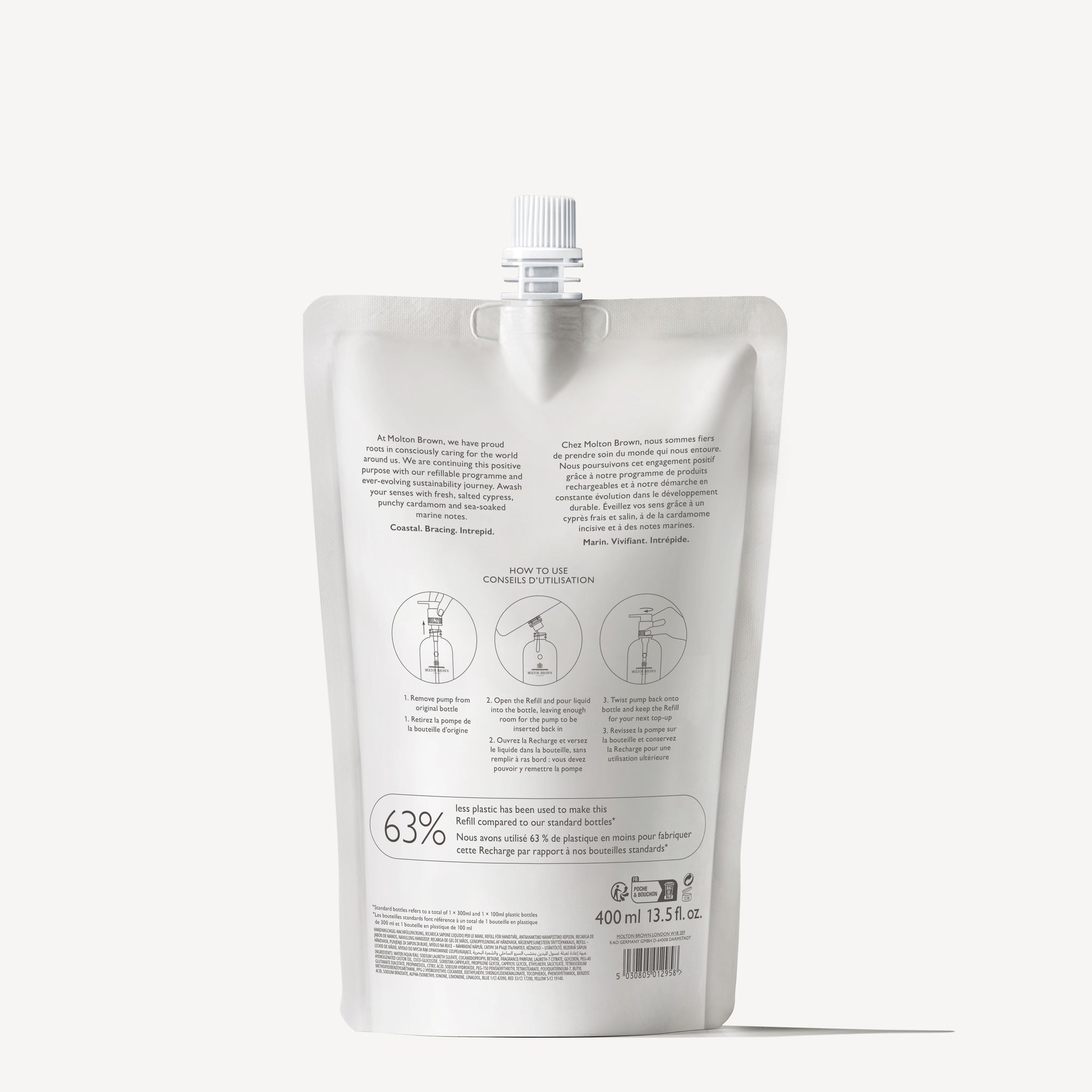 Introducing the Coastal Cypress & Sea Fennel Fine Liquid Hand Wash Refill from MoltonBrown Cyprus: a 400ml standing white pouch with a screw cap. This hand wash offers a refreshing marine scent and comes with detailed instructions for use along with sustainable environmental information, clearly displayed on the packaging.